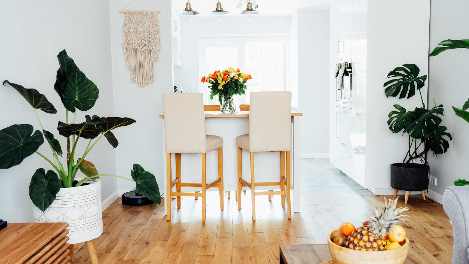 A Scandinavian kitchen with bamboo flooring