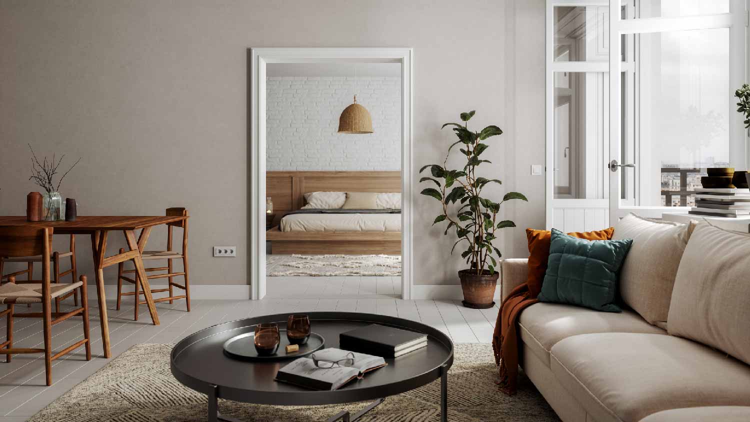 A Scandinavian living room and a bedroom in the background