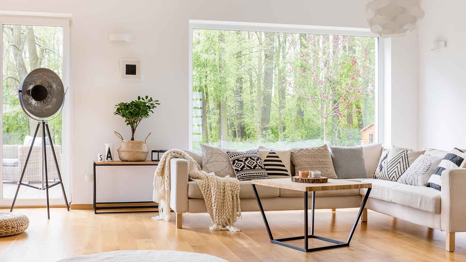 Scandinavian style living room with large picture window