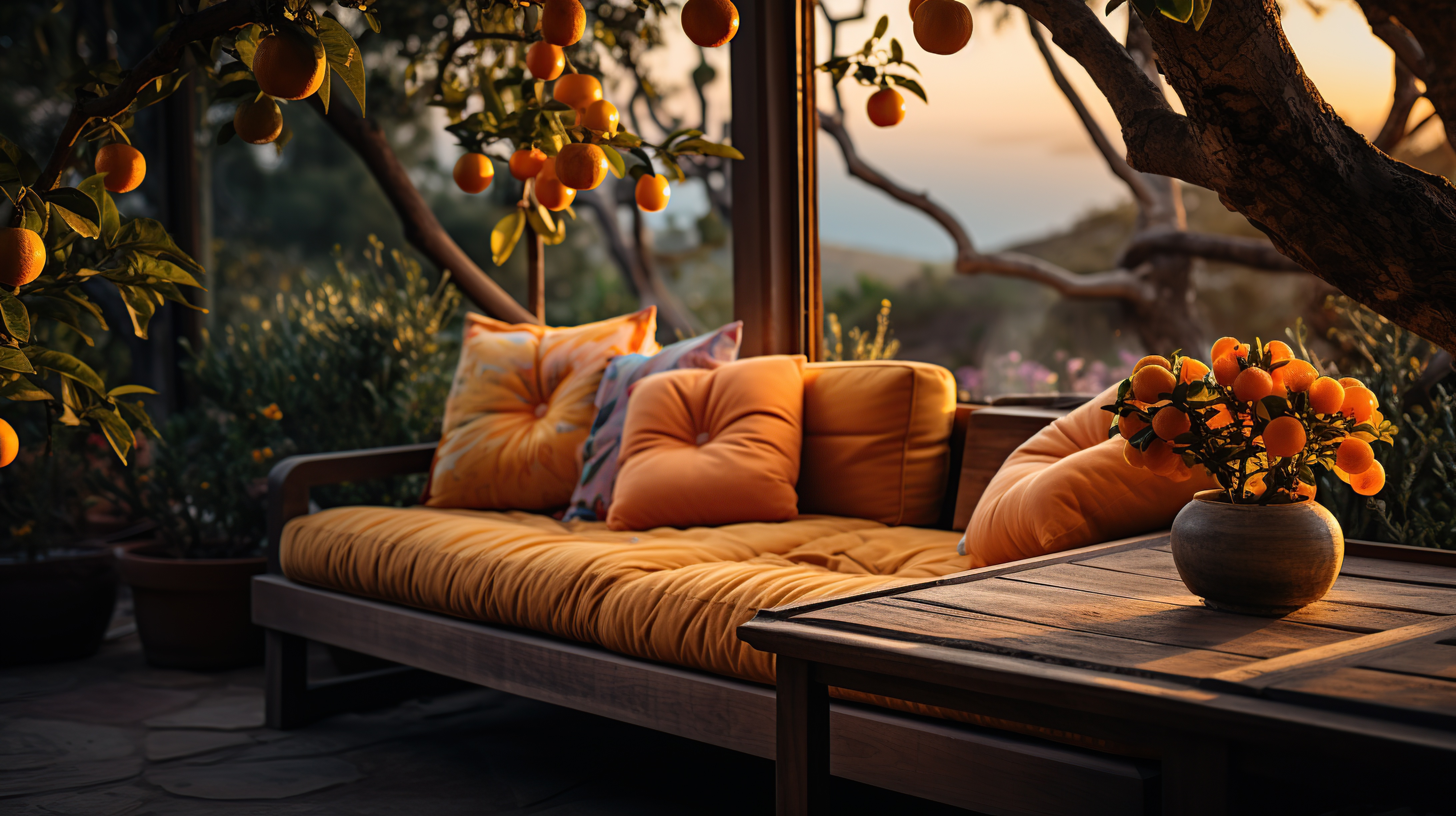 A screened-in porch with a comfy sofa