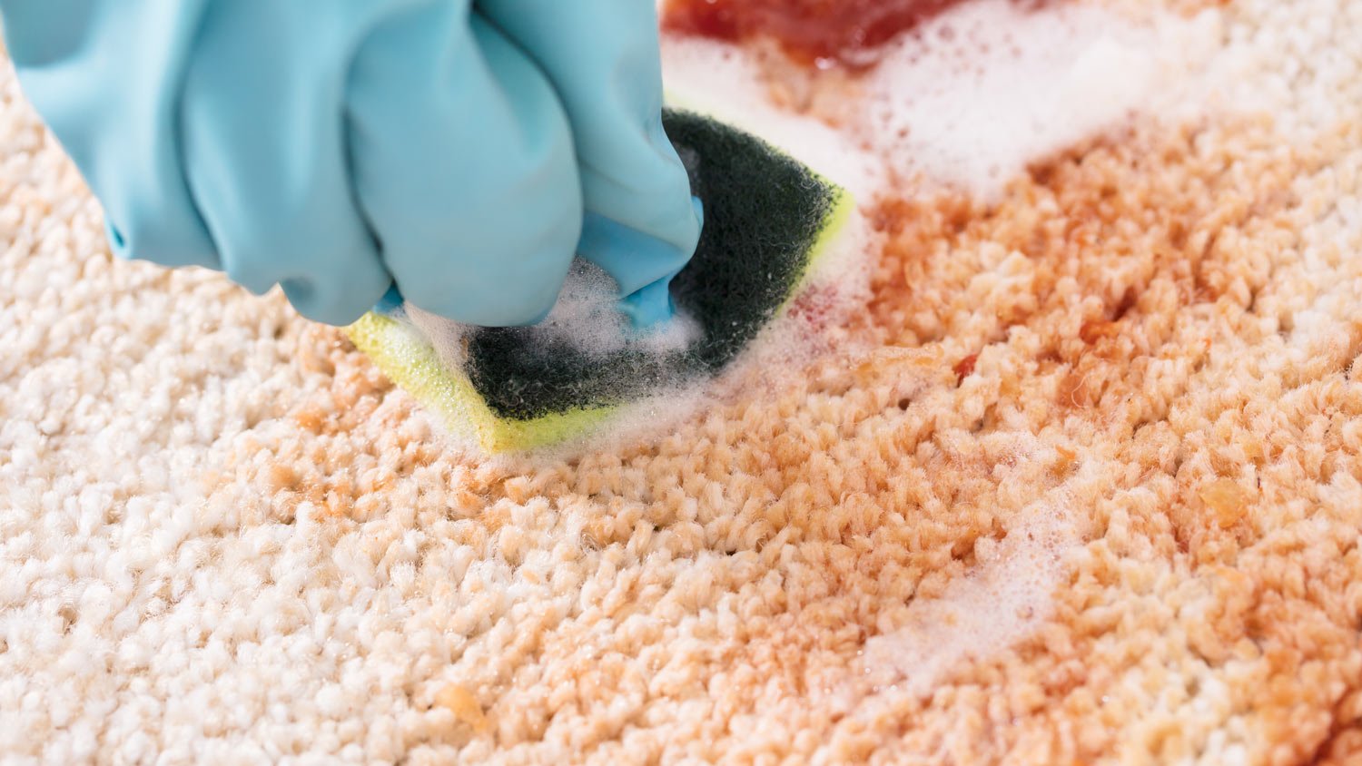 Person Cleaning Stain Of Carpet With Sponge