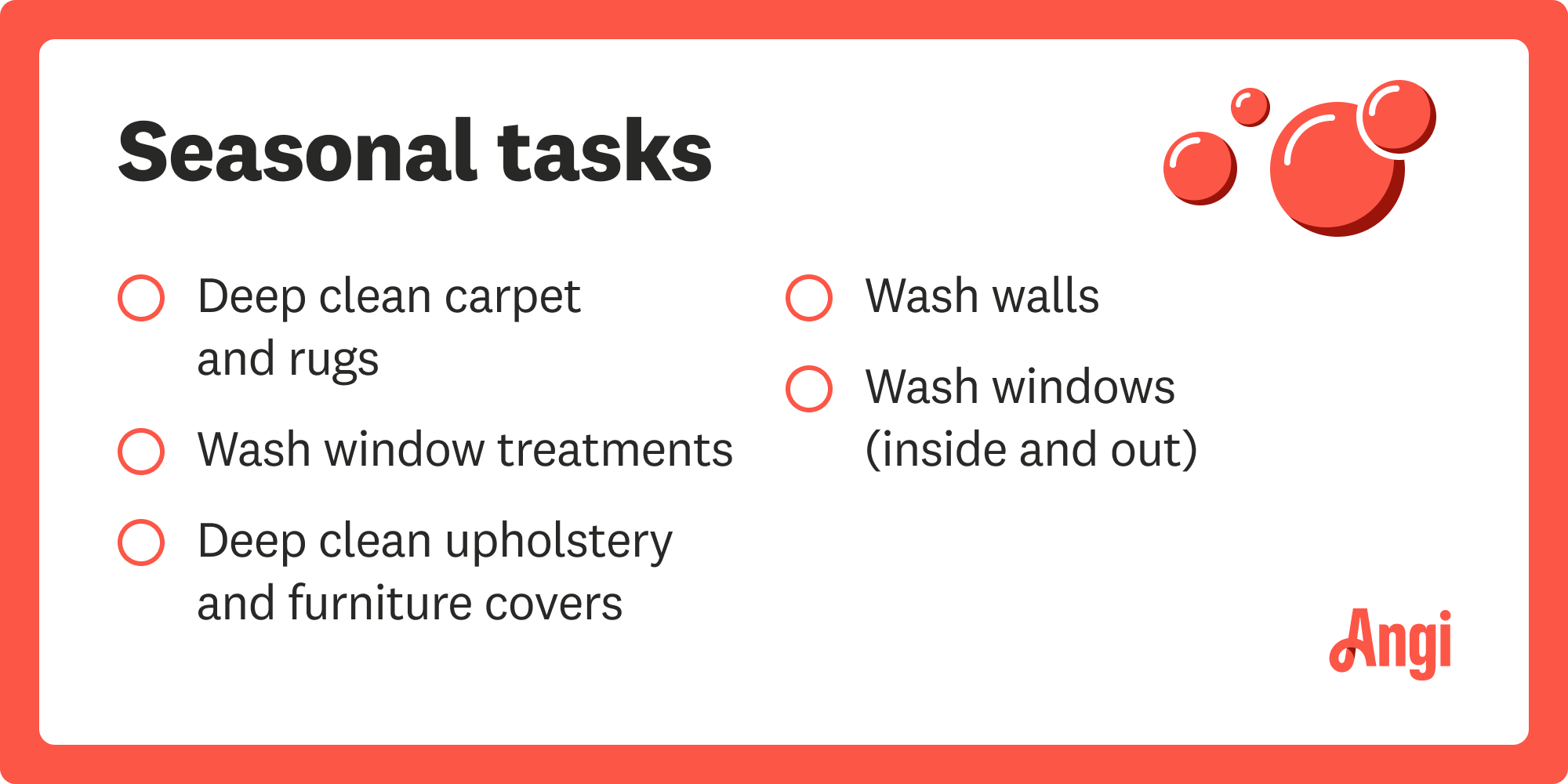 Seasonal tasks cleaning checklist, including deep cleaning carpet and rugs and washing window treatments