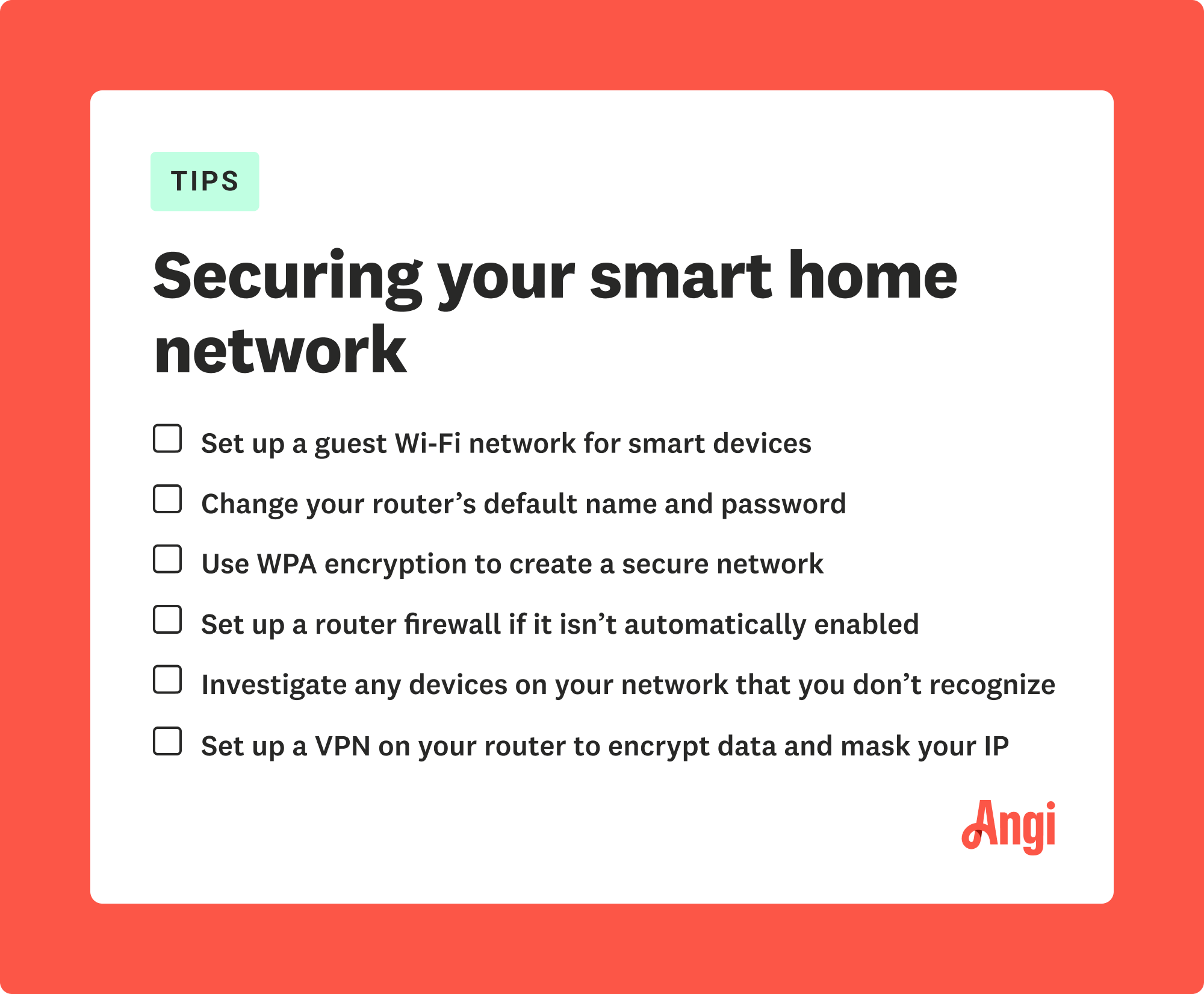 6 tips to secure your smart home network, including changing your router’s default name and password and setting up