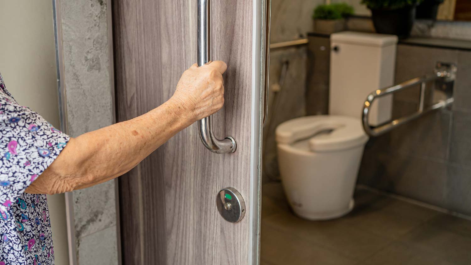 A senior woman holding a grab bar in her house