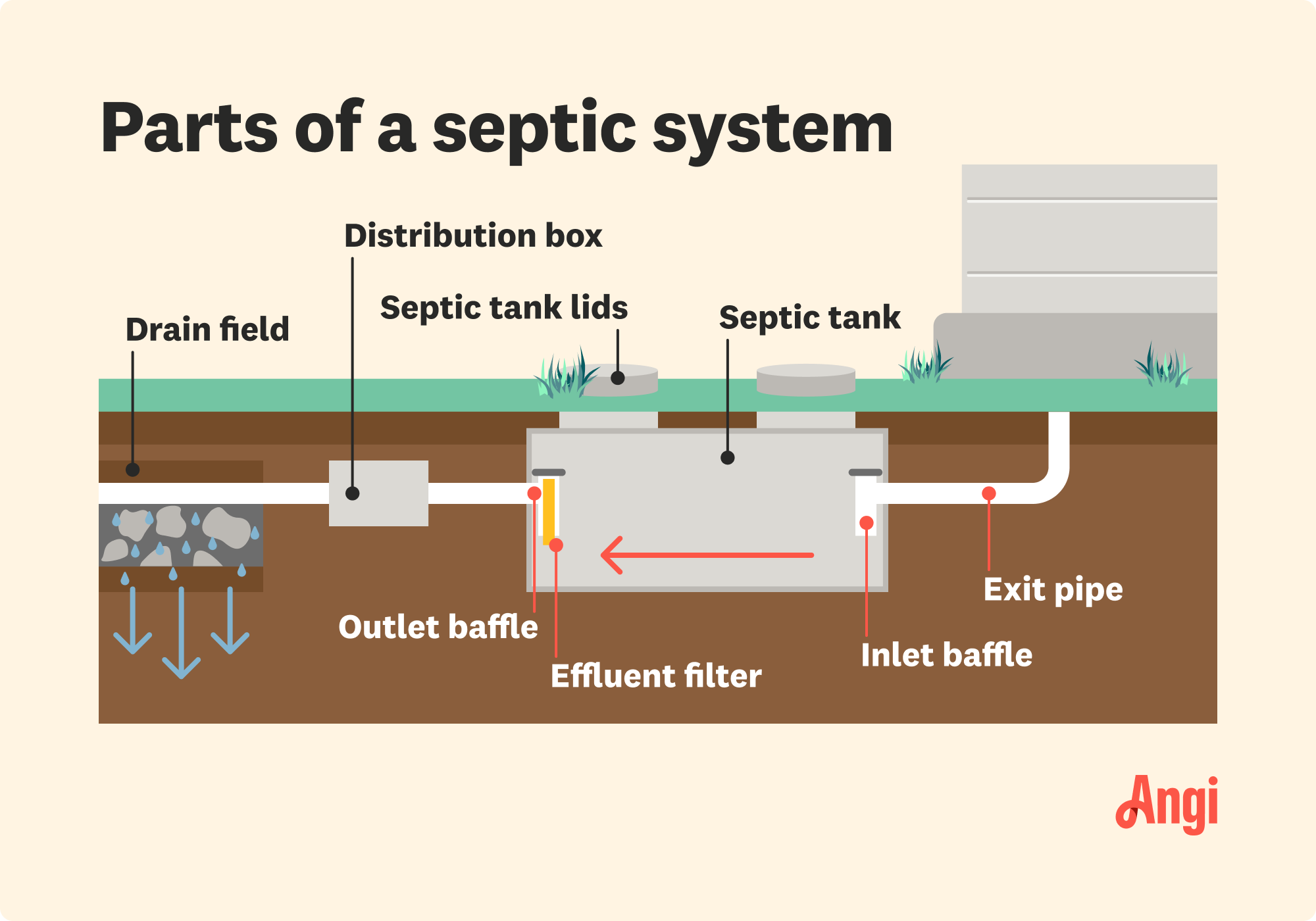 8 septic system parts illustrated, including the septic tank, exit pipe, and drain field