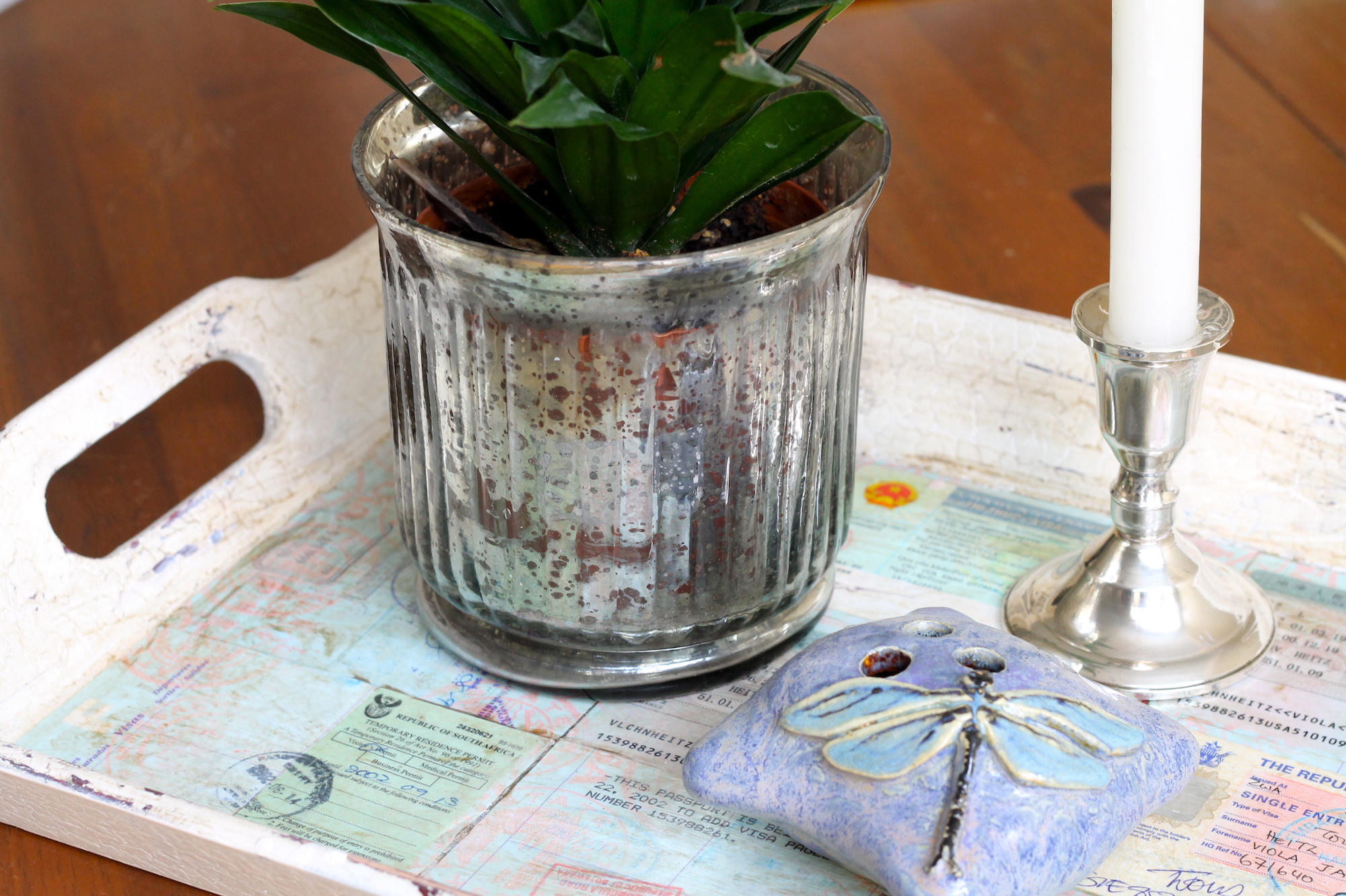 white tray with passport page design
