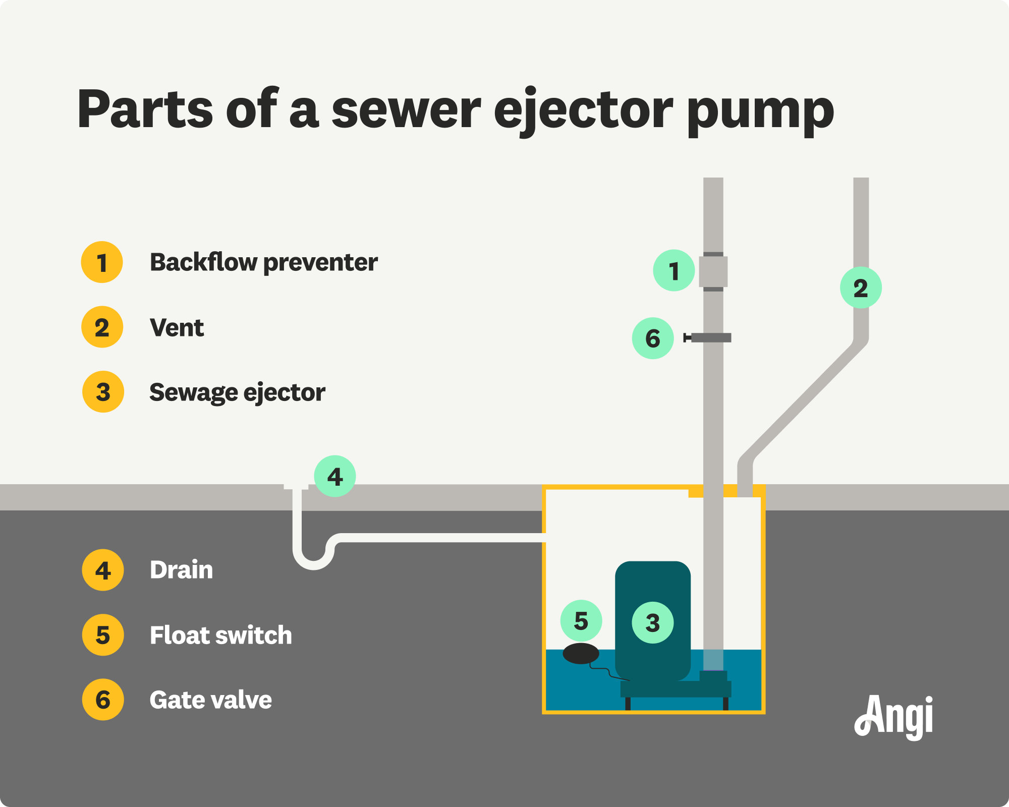 6 parts of a sewer ejector pump, including vent, float switch, and gate valve.