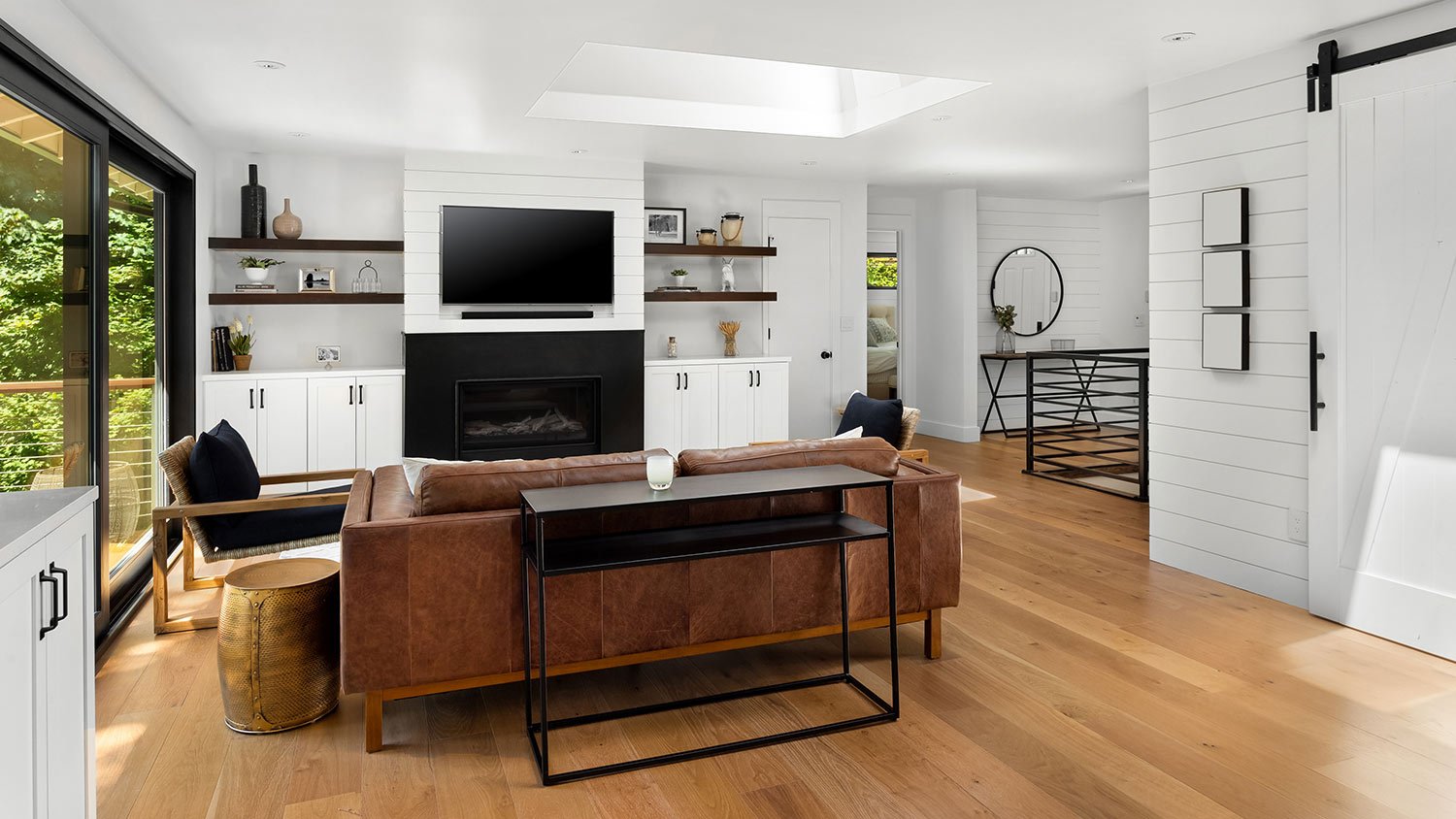 Living room with white shiplap