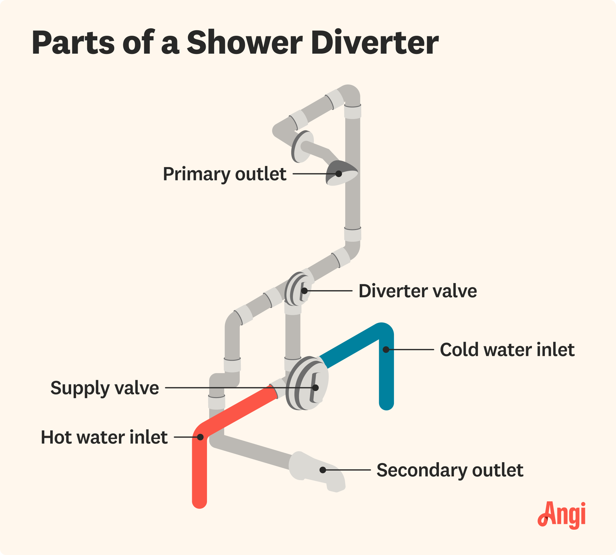 Shower diverter parts illustrated, including the supply valve, primary outlet, and inlets