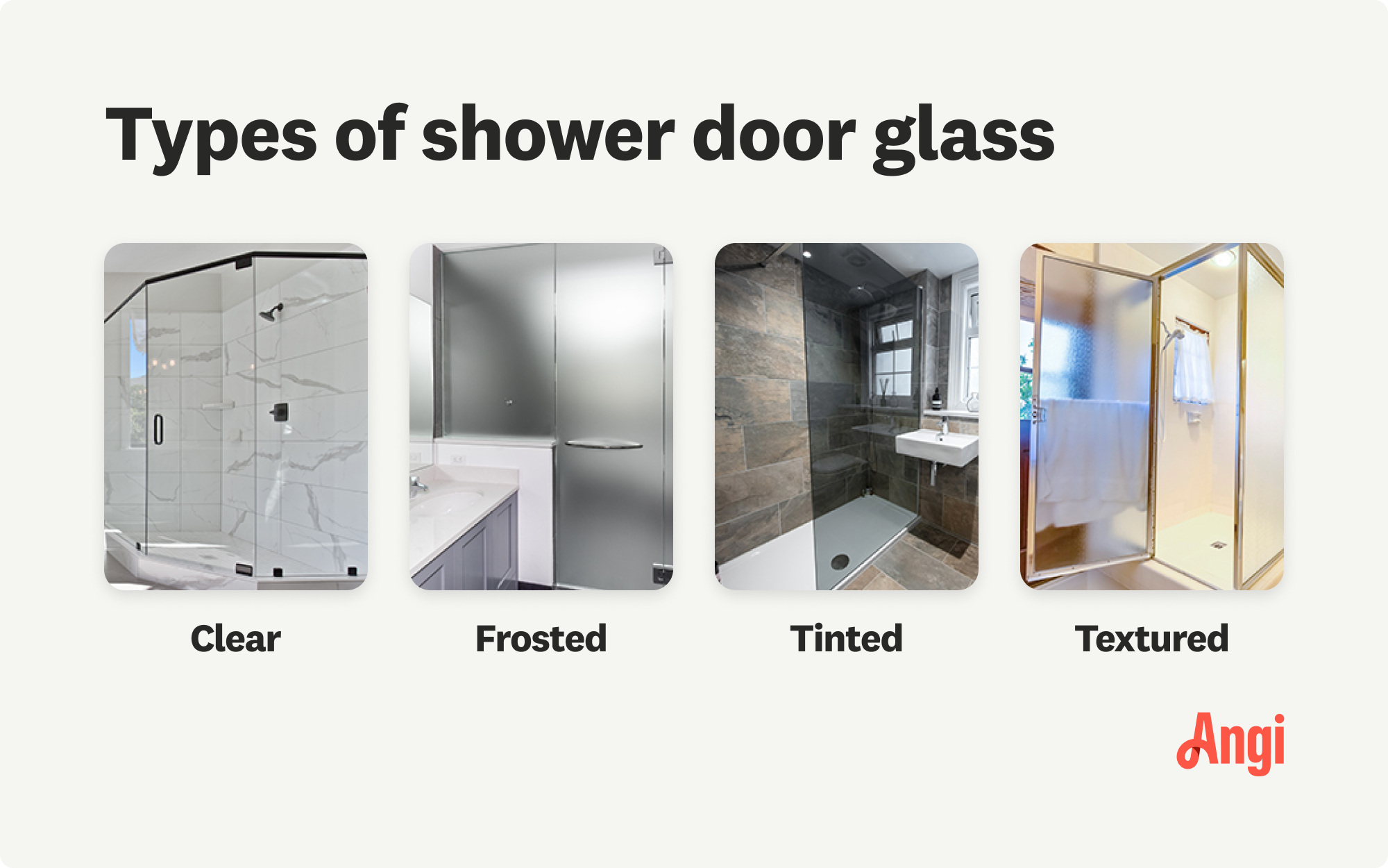 4 shower door glass types compared visually, including clear, frosted, and textured