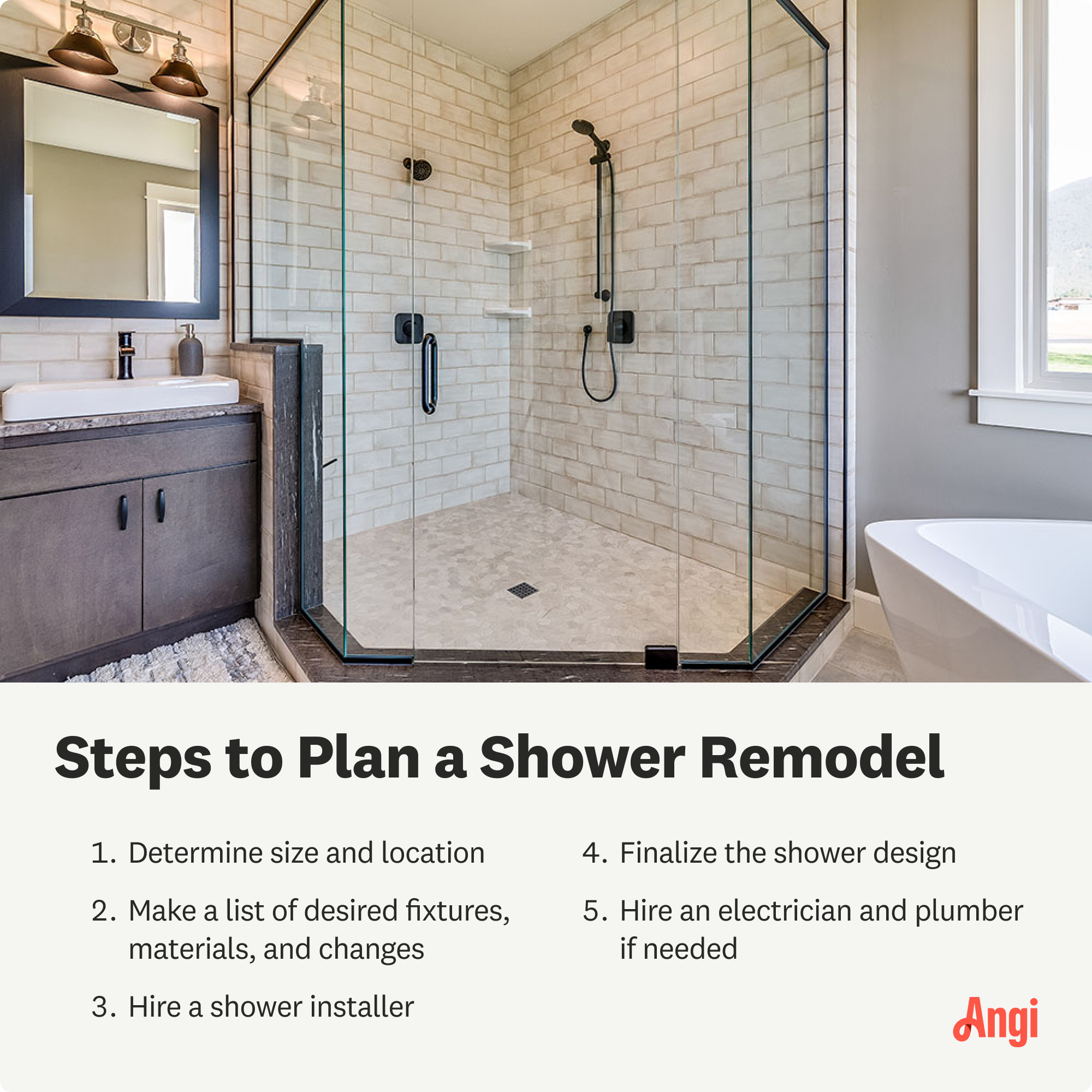 5 steps to plan a shower remodel, including determining size and location and hiring a shower installer