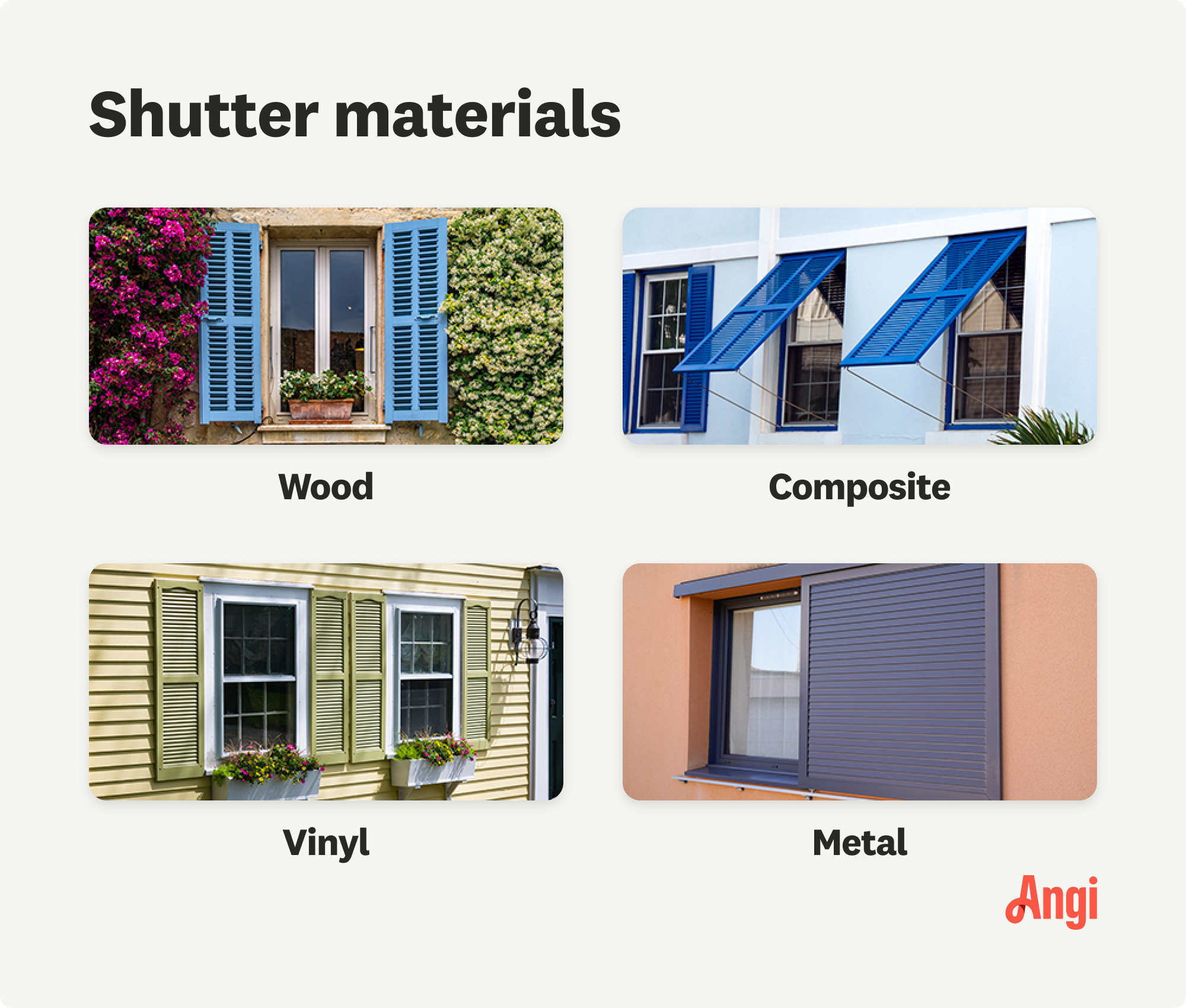 4 shutter materials compared visually, including wood, vinyl, and metal