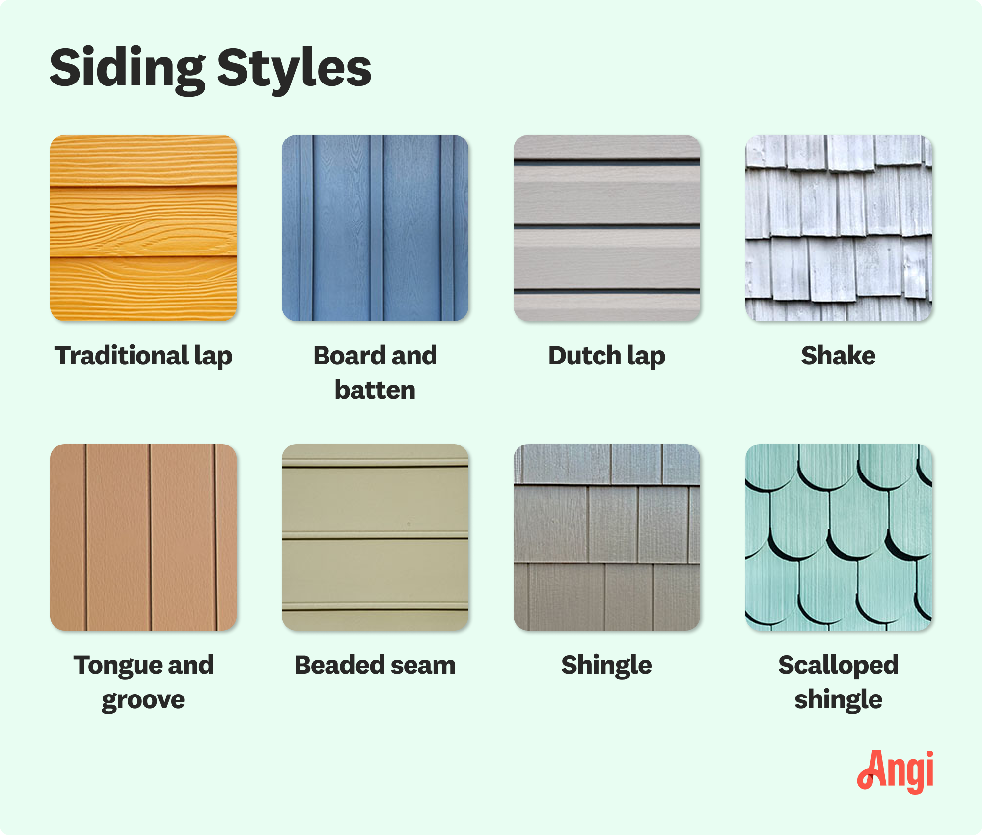 8 siding styles compared visually, including shake, beaded seam, and scalloped shingle