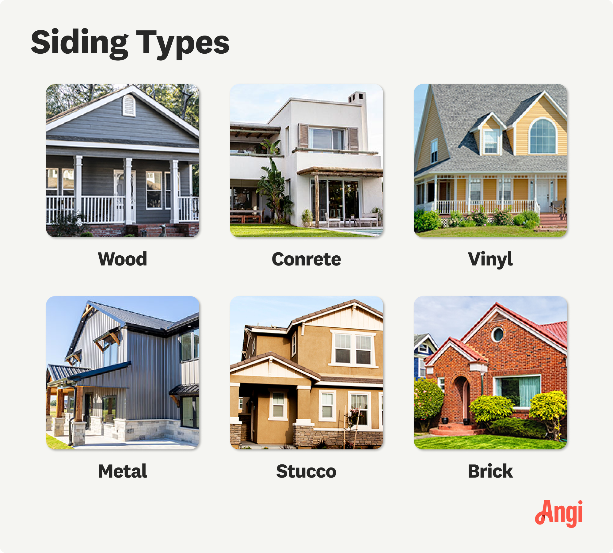 6 siding types compared visually, including brick, stucco, and metal