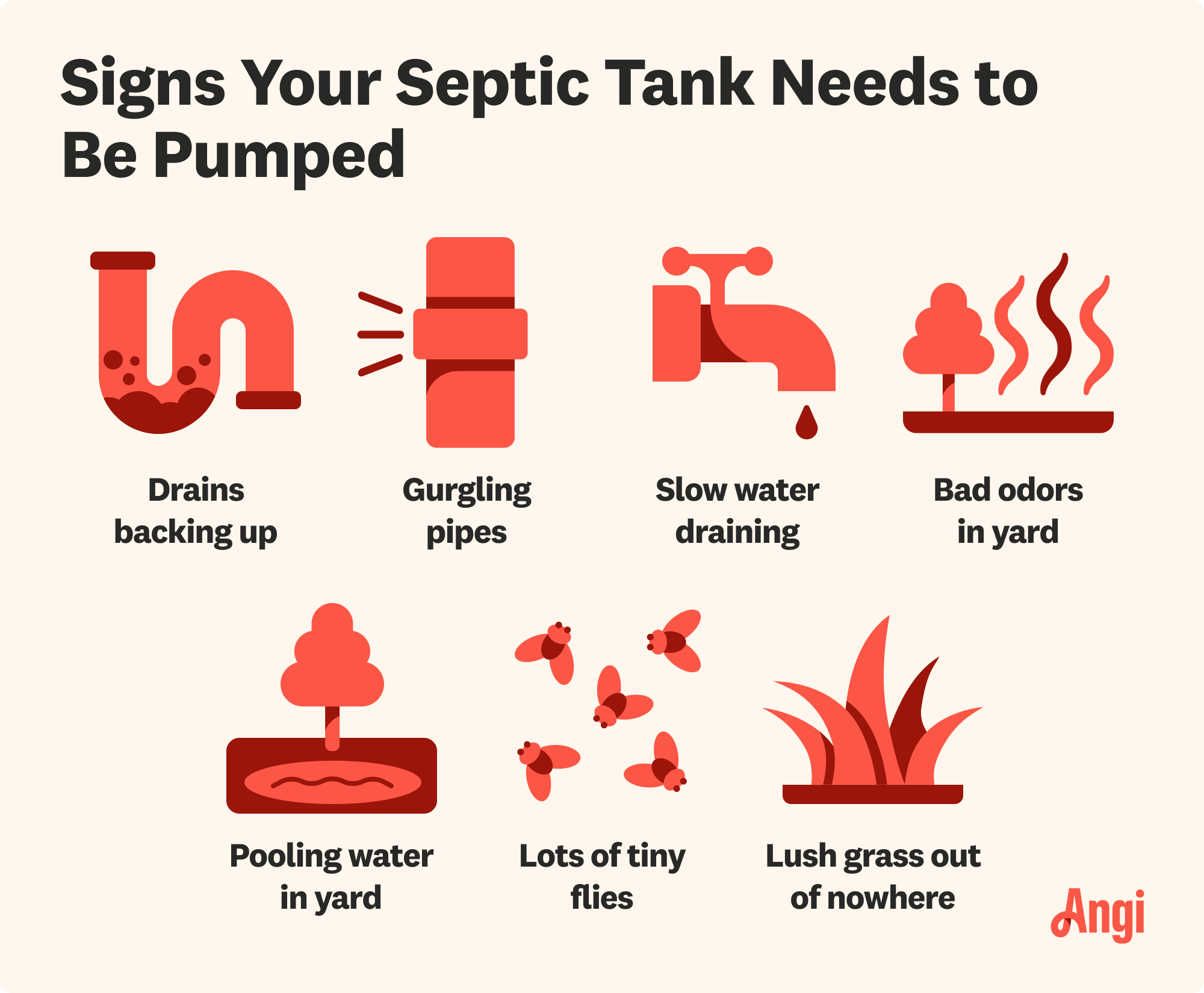 7 signs your septic tank needs pumped, including drains backing up, lots of tiny flies, and lush grass out of nowhere