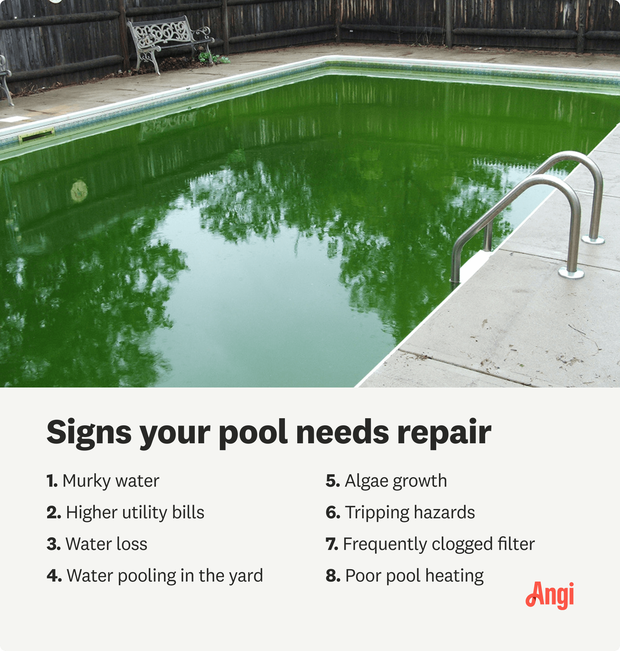 8 signs your pool needs repair, including murky water, water loss, and algae growth