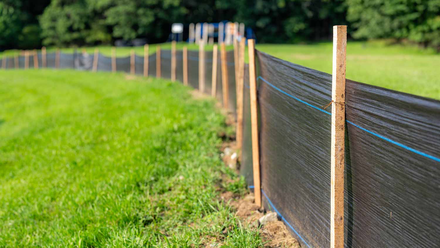 Silt Fence fabric with wooden posts