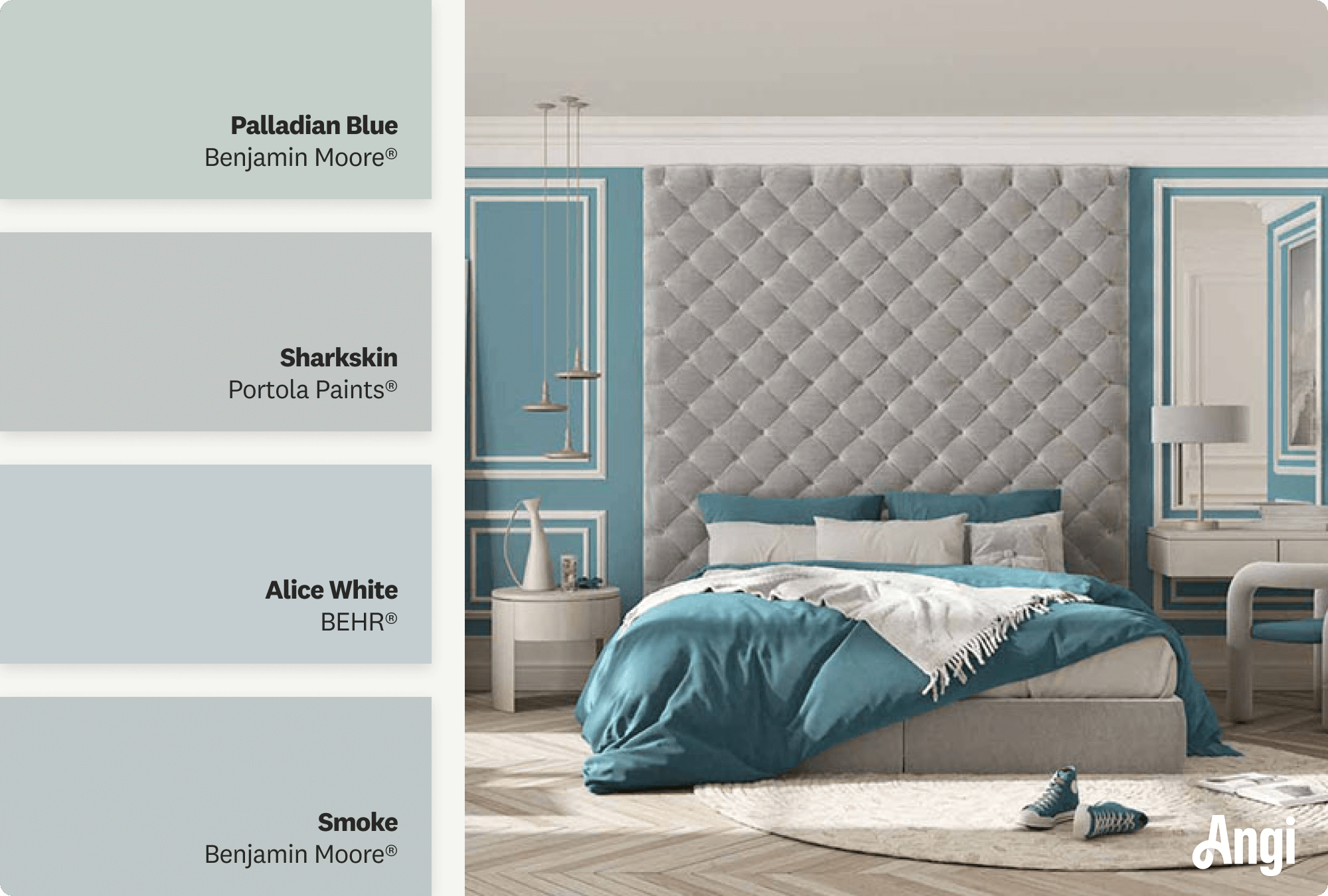 A bedroom with a gray headboard and light blue walls