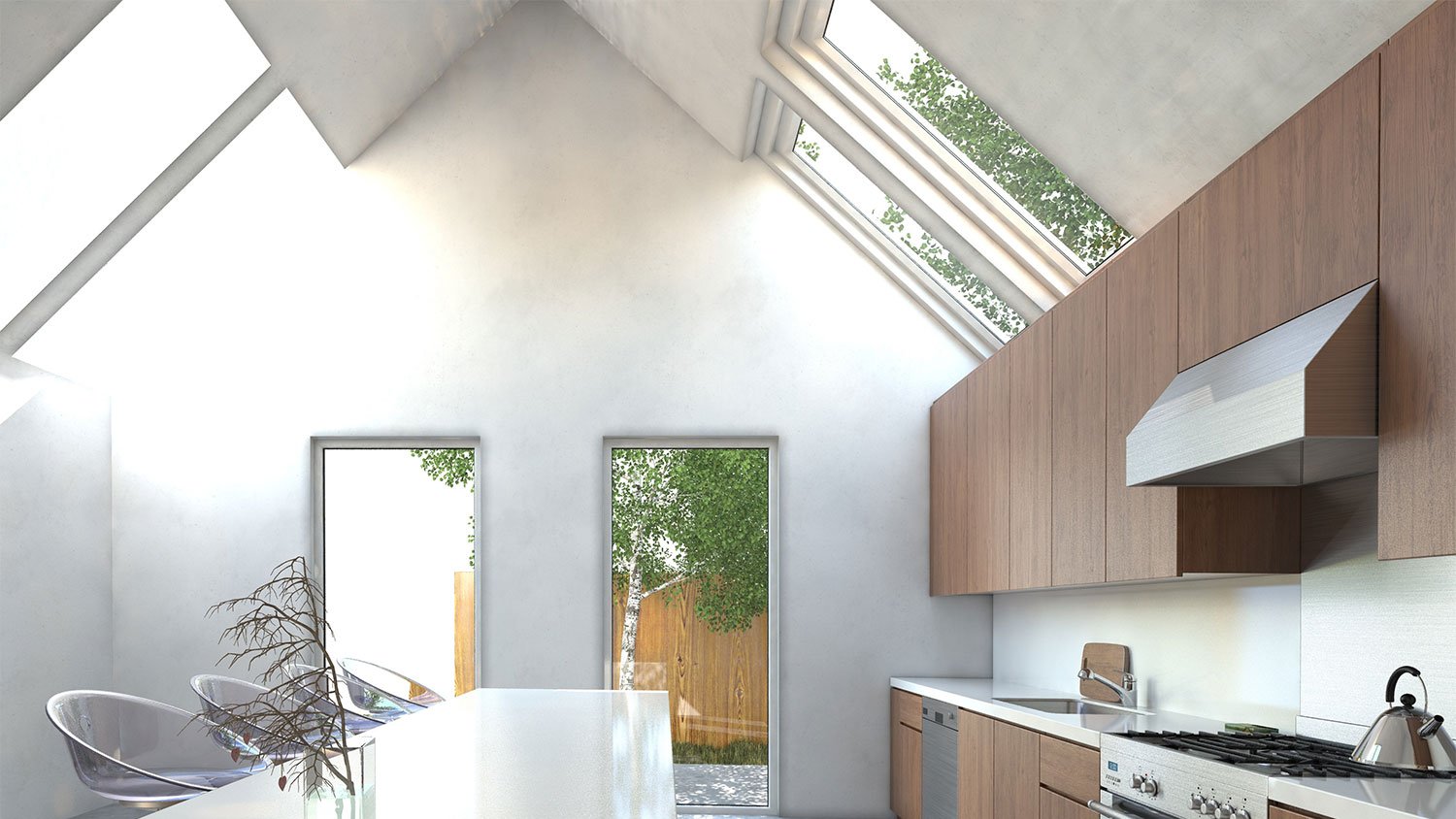 A view of skylights in a kitchen