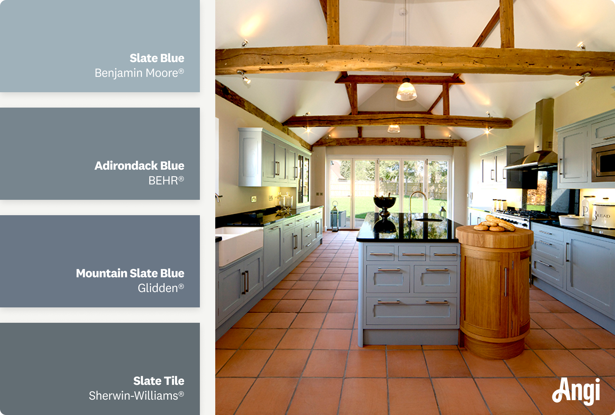 Large open kitchen with exposed beams and slate blue cabinetry, including slate blue paint swatches