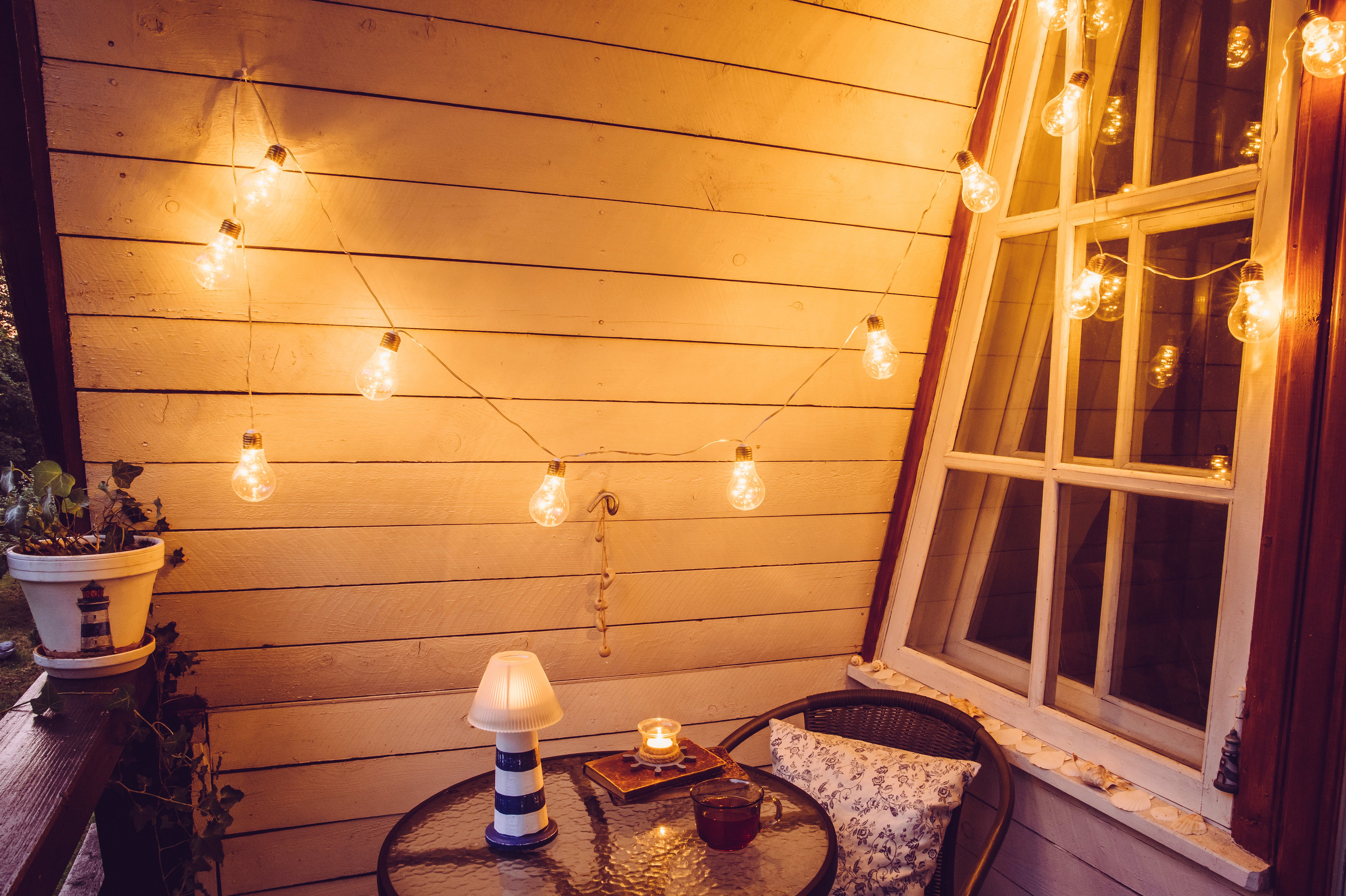 String lights hung on balcony