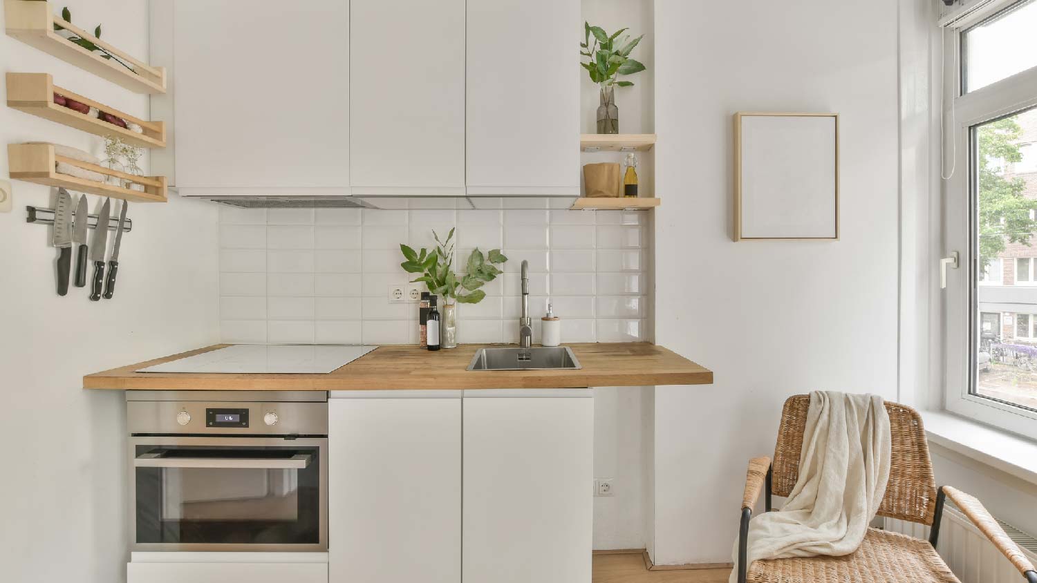 A small kitchen with MDF cabinets