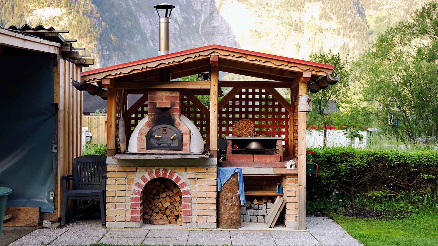 Small pizza oven under a small gazebo