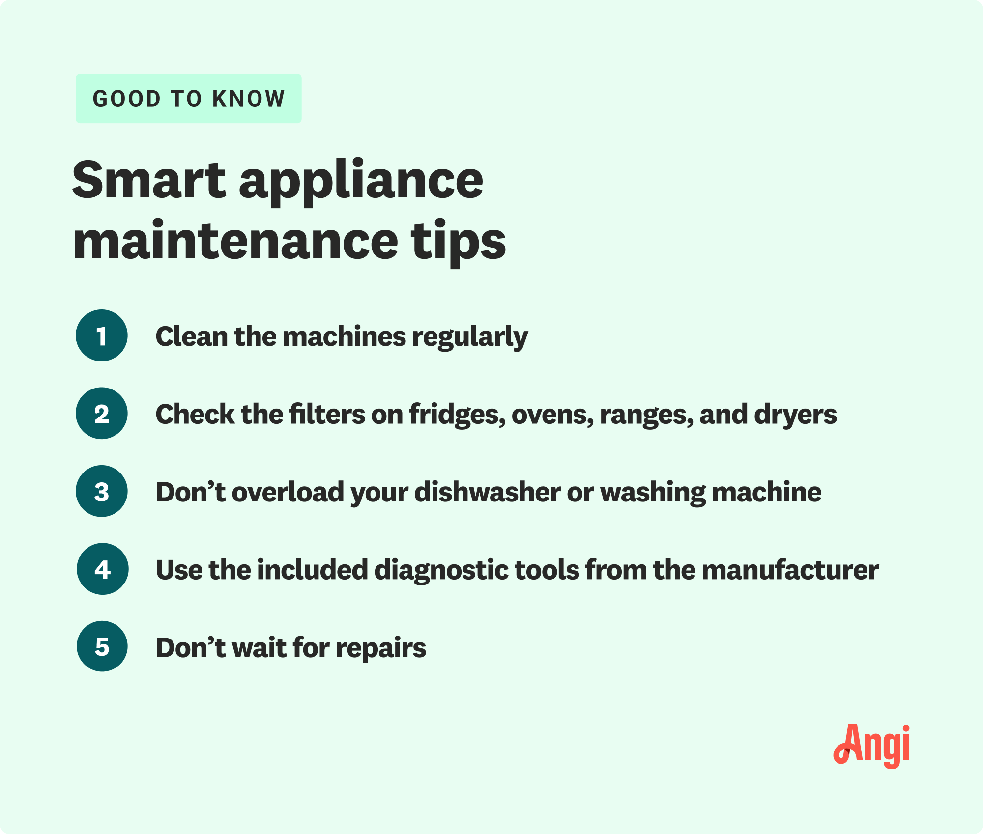 5 tips for smart appliance maintenance, including checking filters on fridges, ovens, ranges, and dryers