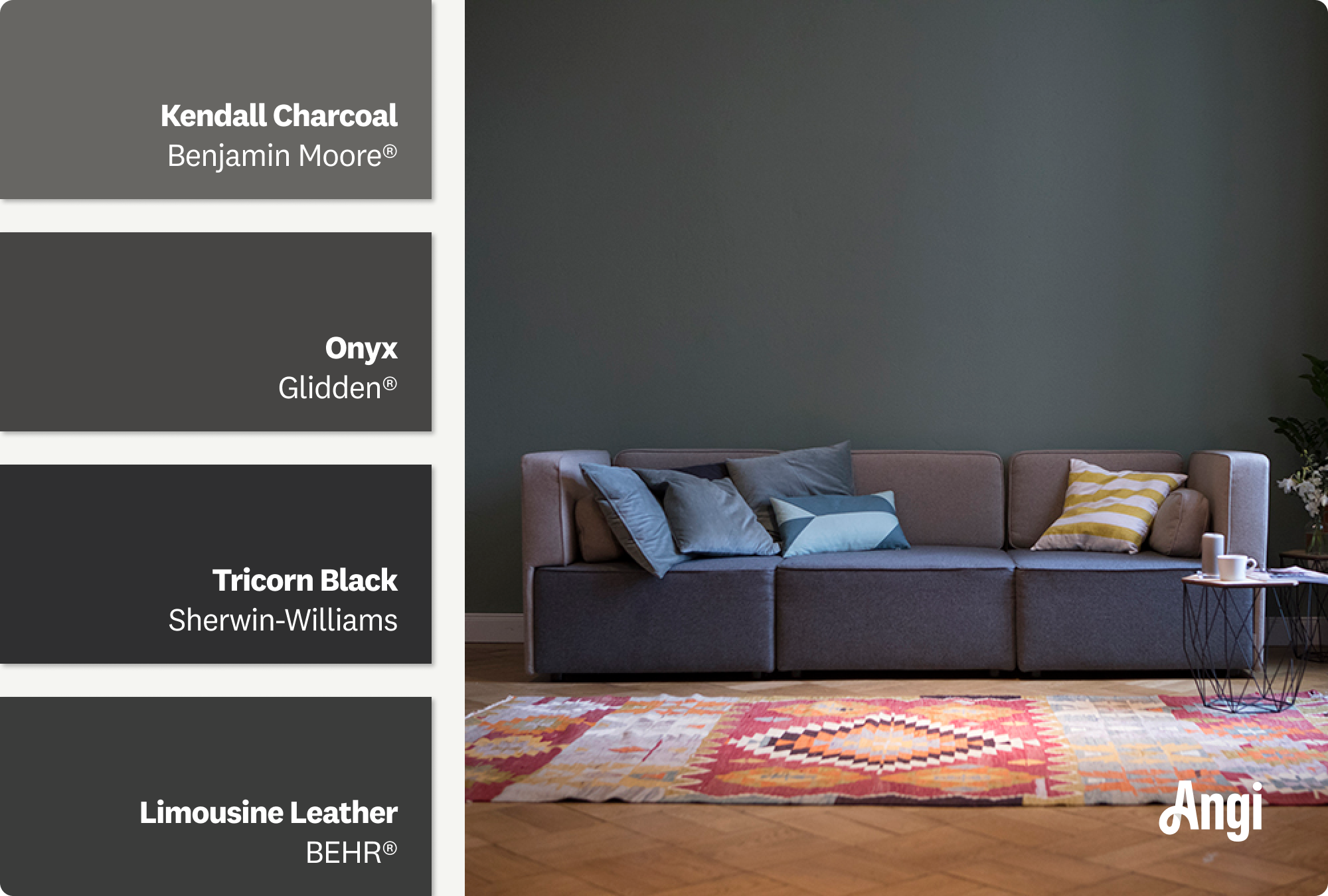 A cozy living room with a plush couch and dark walls, including soft black paint swatches