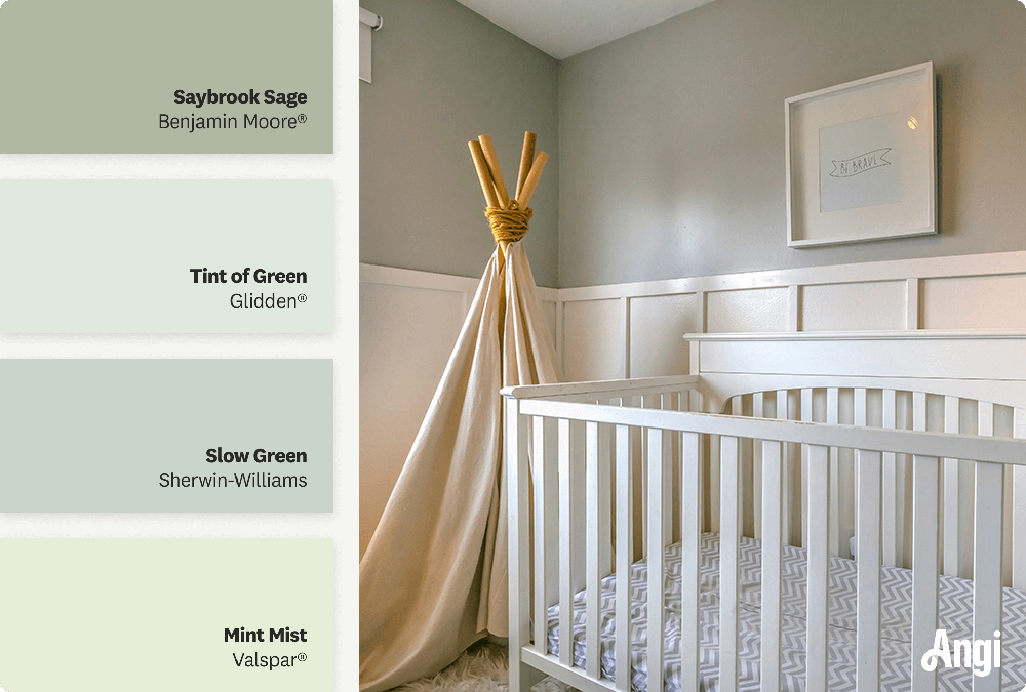 Soft green nursery with white crib, including different tones of soft green paint