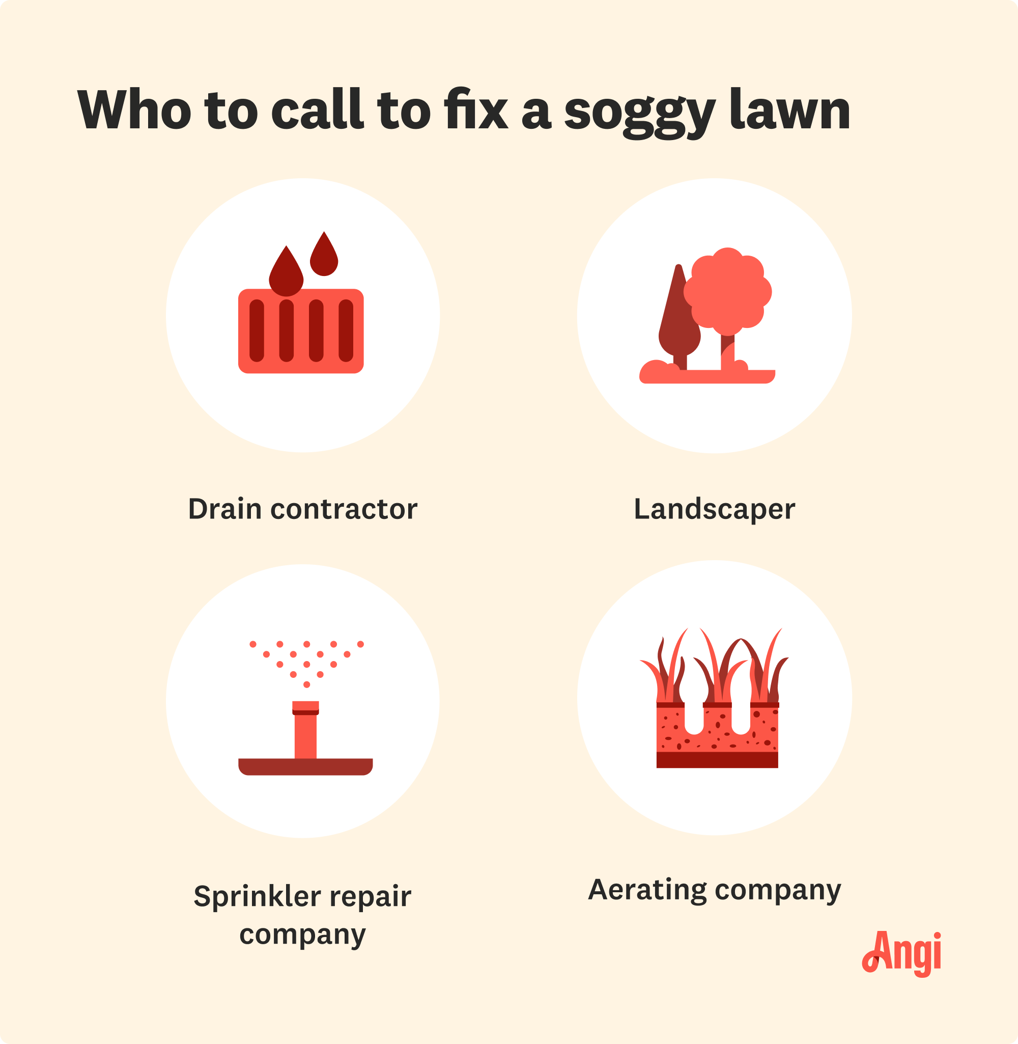 4 professionals to call to fix a soggy lawn, including drain contractor, landscaper, sprinkler repair company, and aerating company