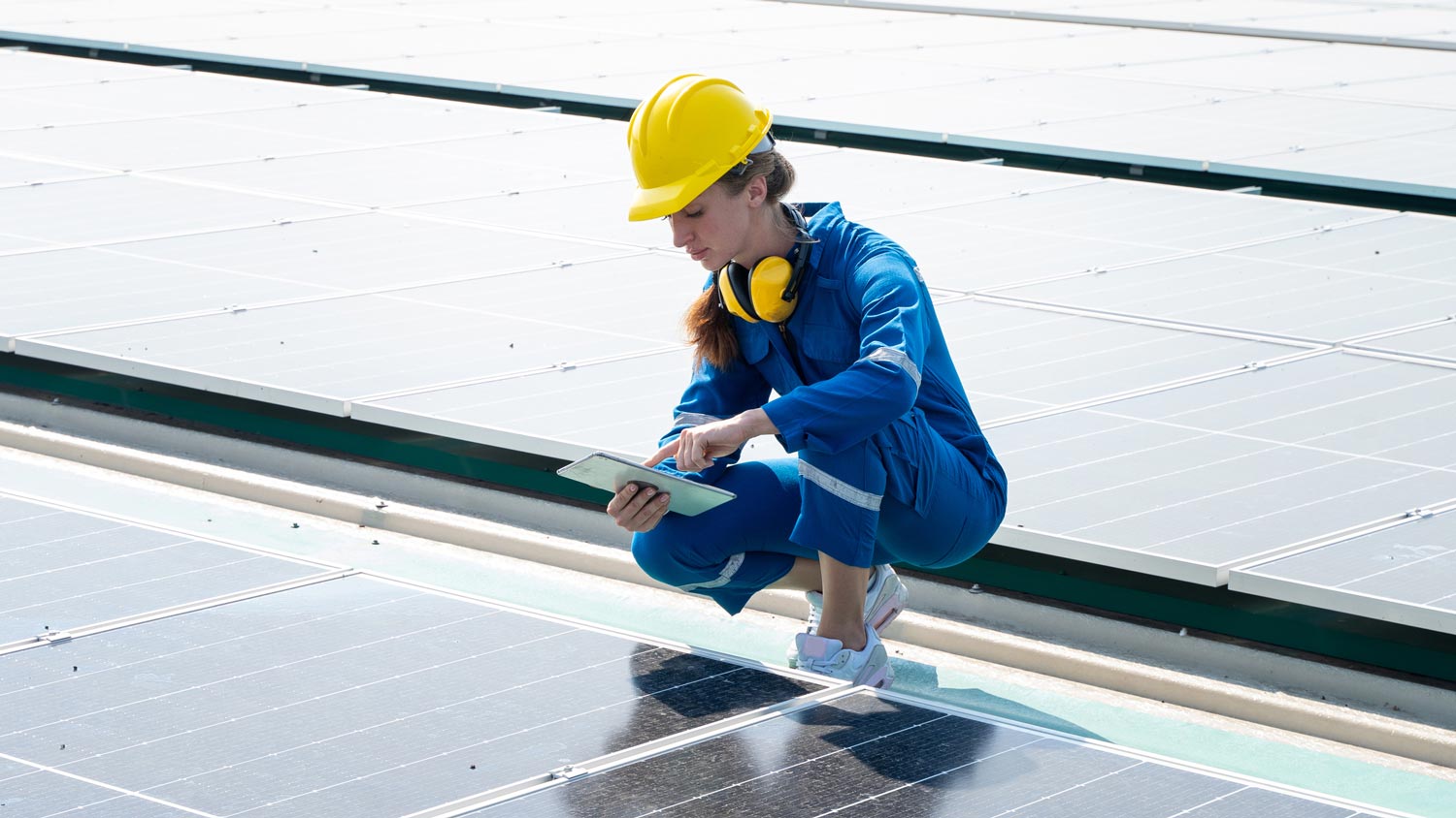 A solare energy specialist inspecting solar panels