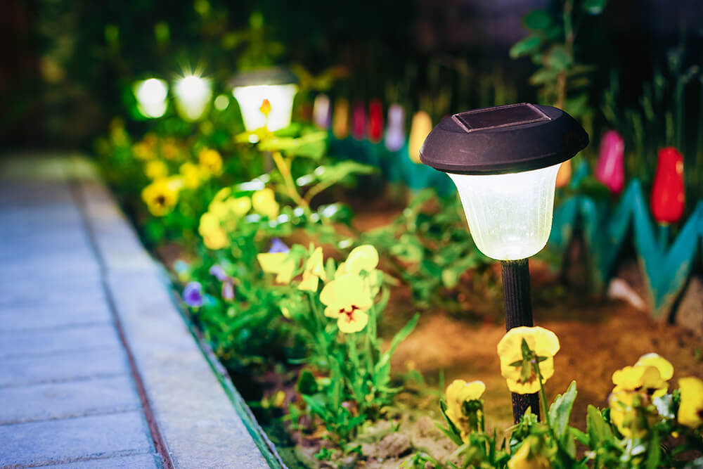 Solar garden lights illuminating path