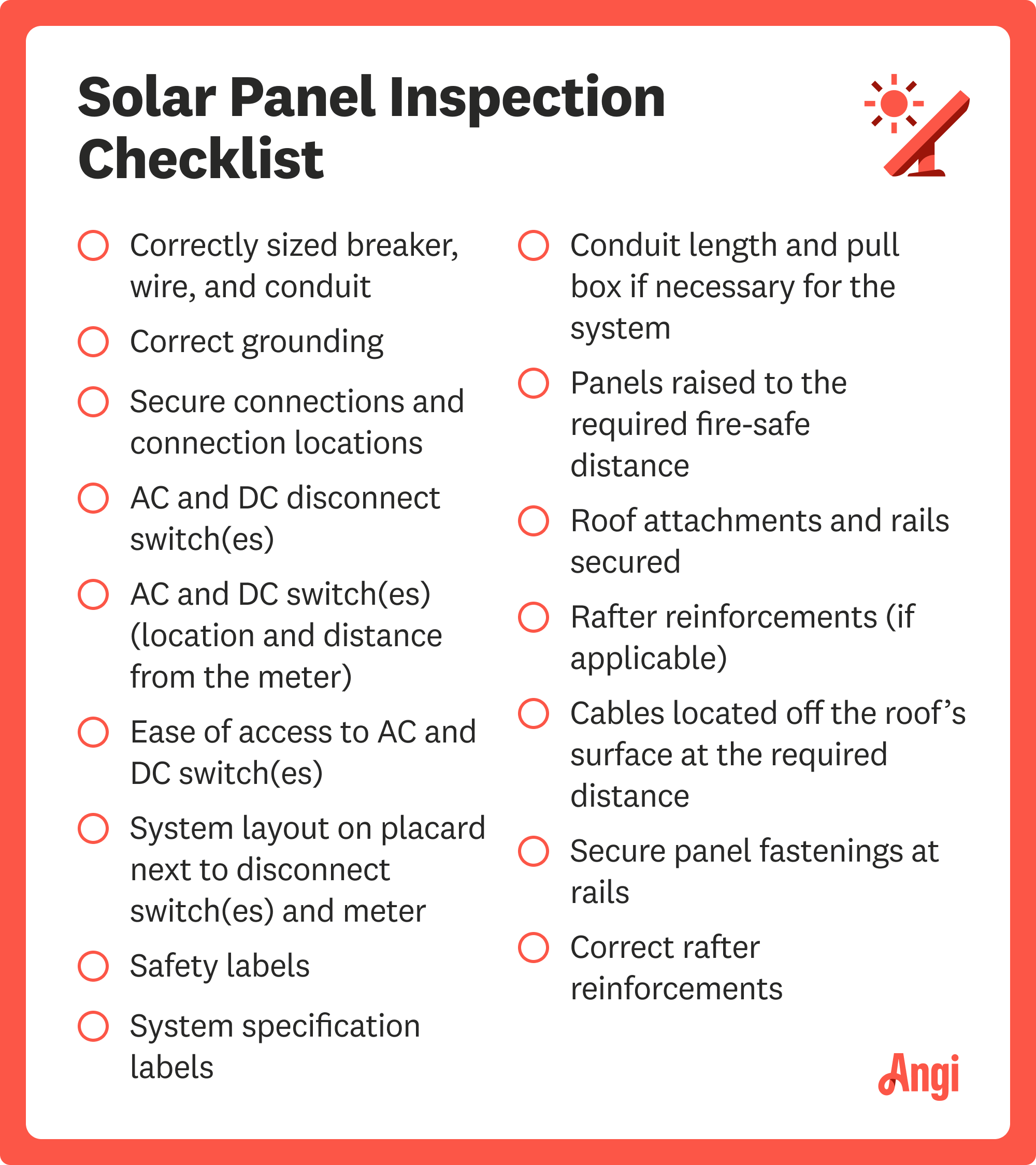 Solar panel inspection checklist, including checking for correct grounding, safety labels, and if correct rafter reinforcements