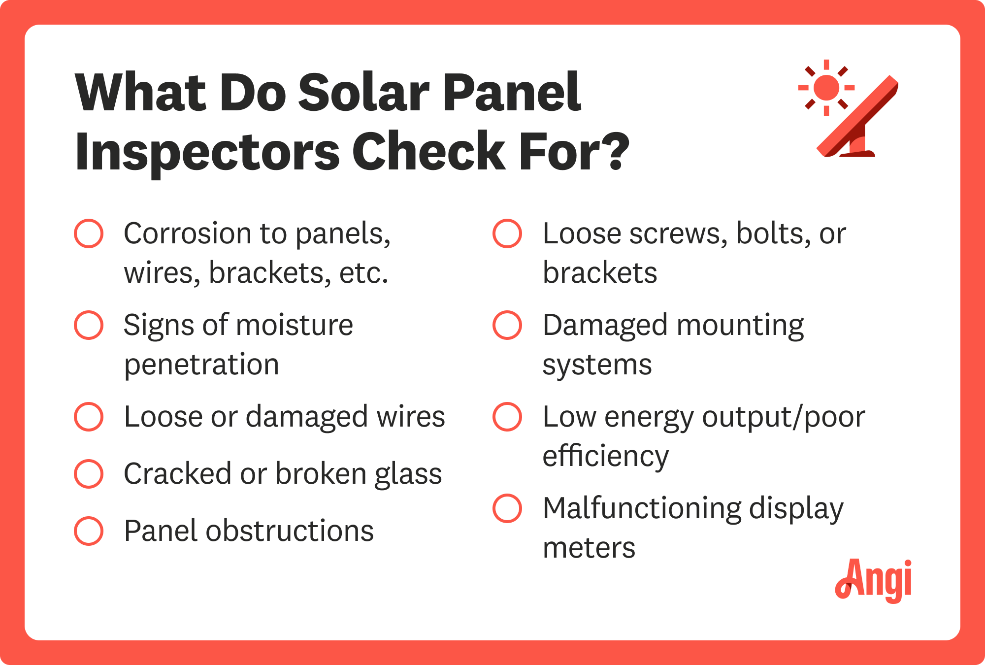 Solar panel inspectors checklist, including checking for signs of moisture penetration and damaged mounting systems