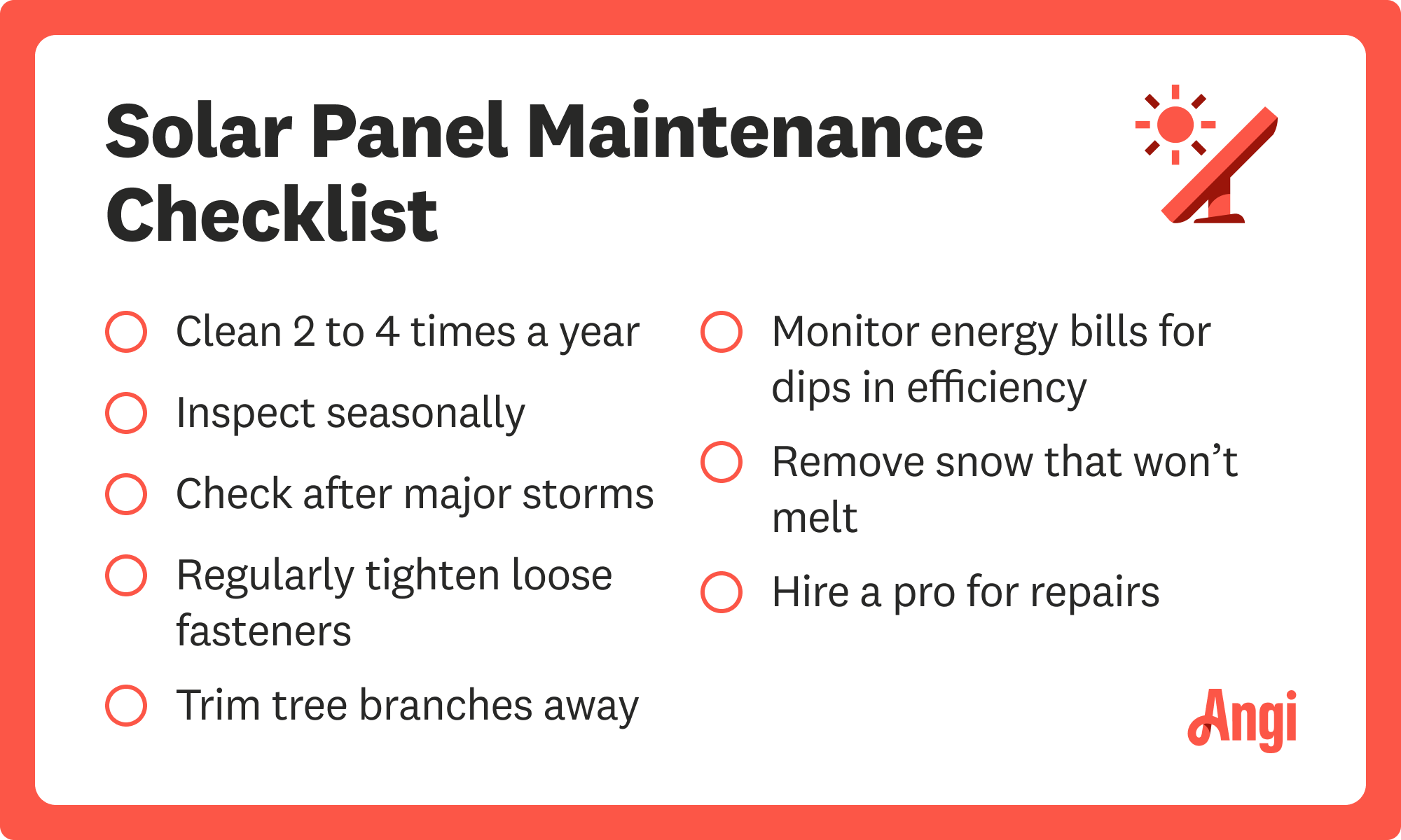 Solar panel maintenance checklist, including cleaning 2 to 4 times a year and removing snow that won’t melt