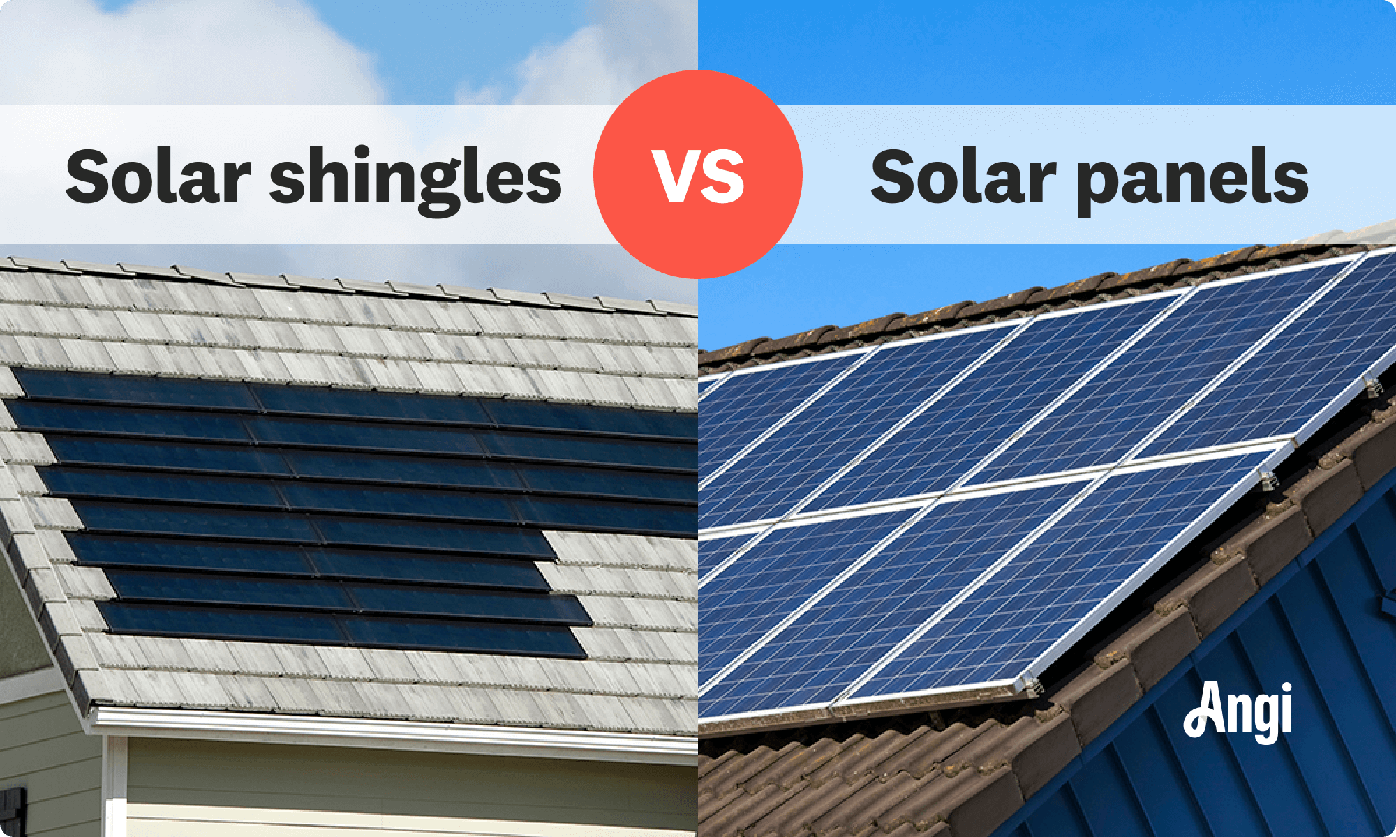 Comparison of solar shingles and solar panels, with solar panels drastically altering the roof appearance but slightly less expensive