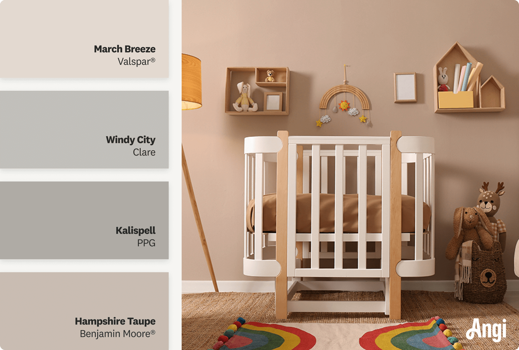 Neutral nursery with white crib, including different tones of soothing neutral paint