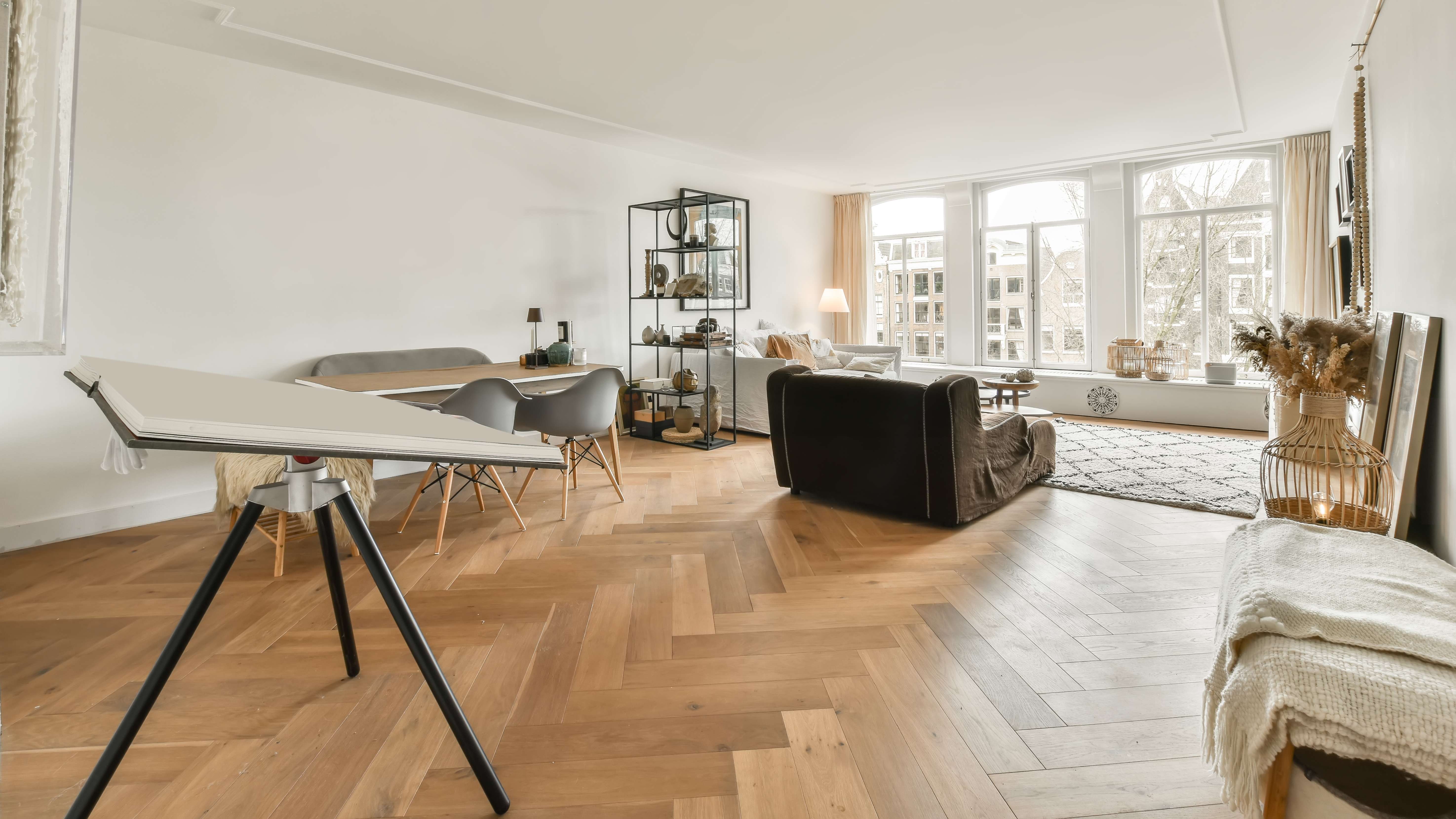 Engineered hardwood flooring installed in a bright and spacious apartment 