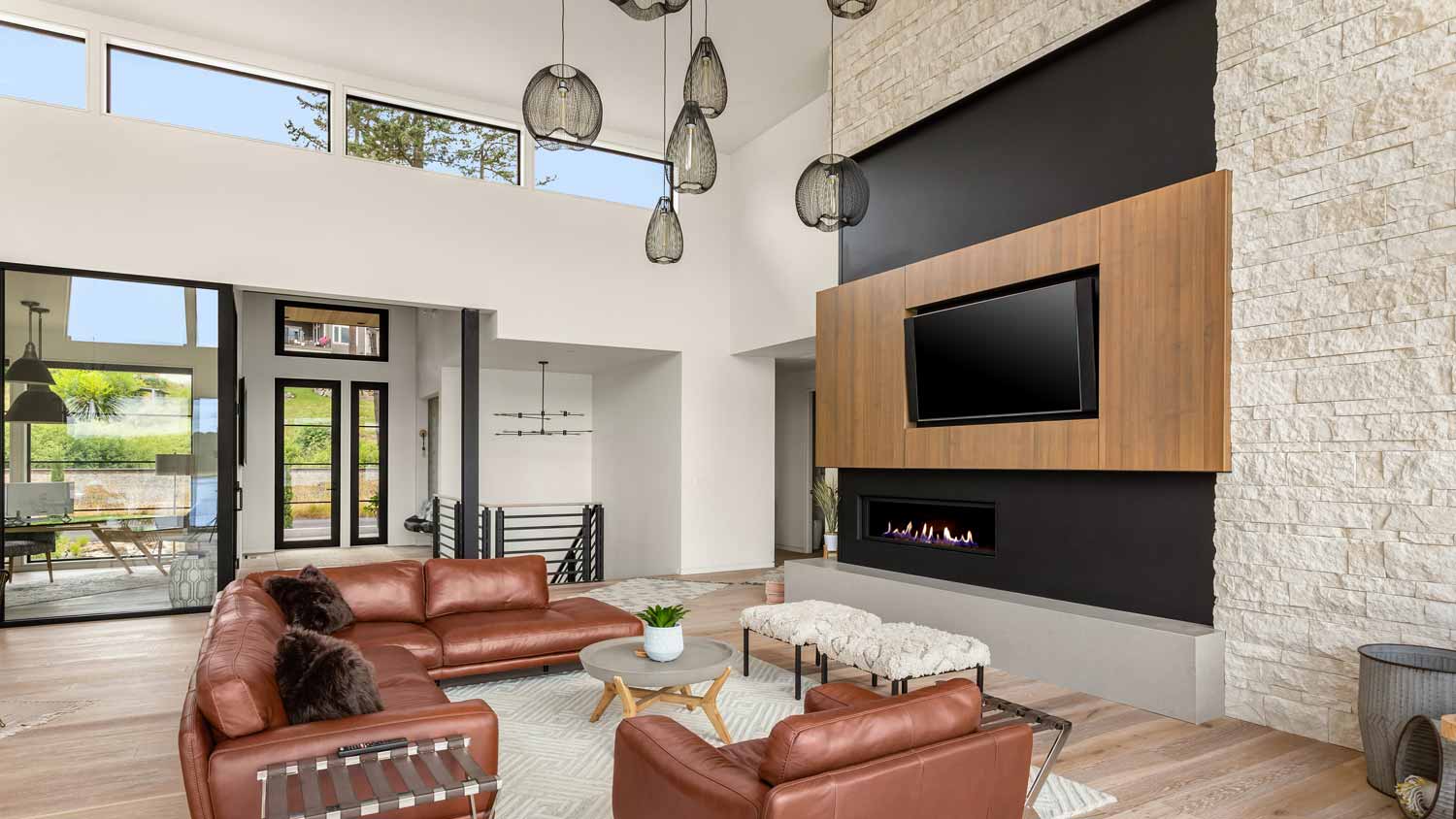 A spacious living room with clerestory windows