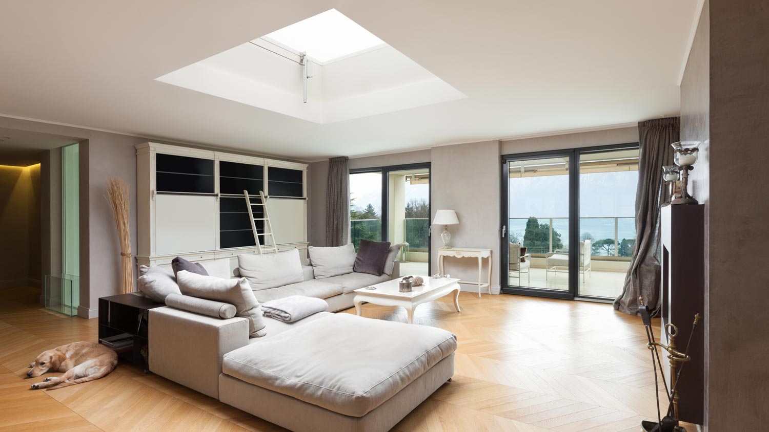 A spacious living room with a skylight above the gray sofa