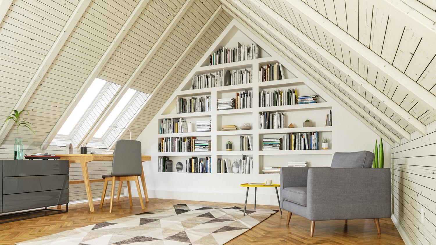 A spacious study room in a house’s wooden attic