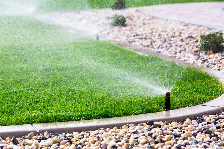 Sprinklers watering lawn