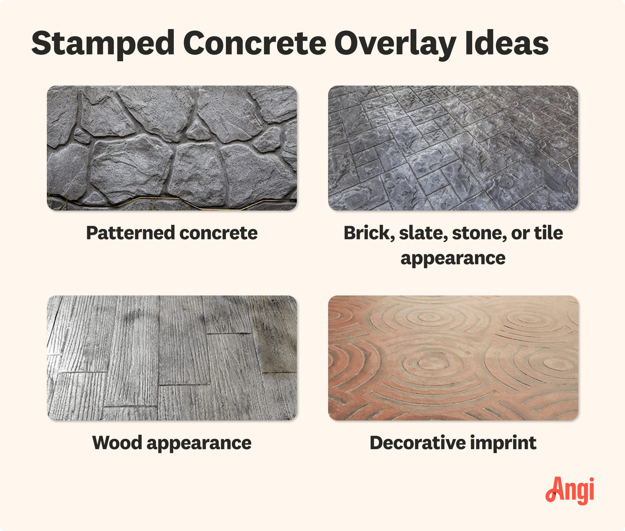 4 stamped concrete overlays compared visually, including wood appearance and decorative imprint