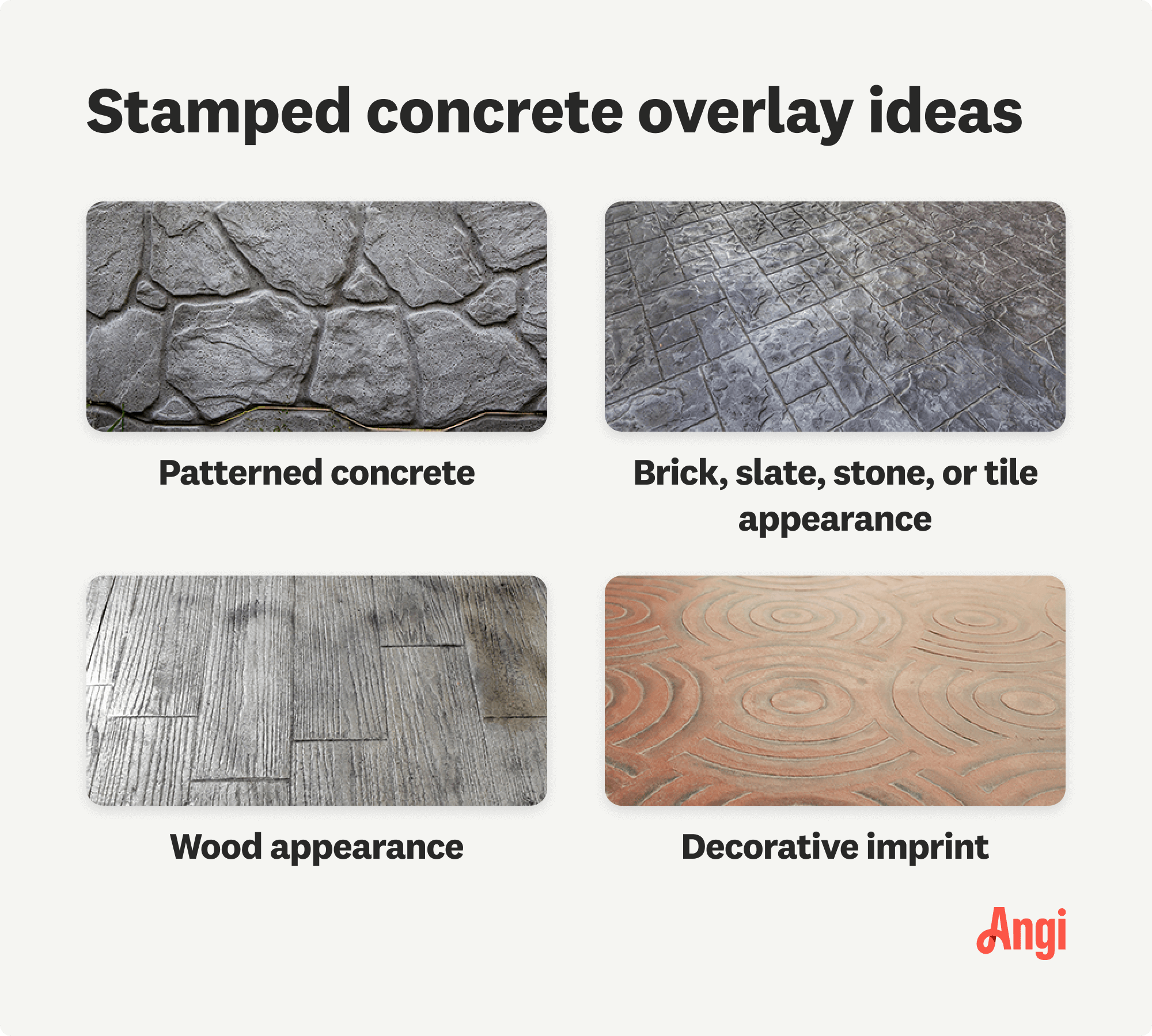 4 stamped concrete overlays compared visually, including wood appearance and decorative imprint