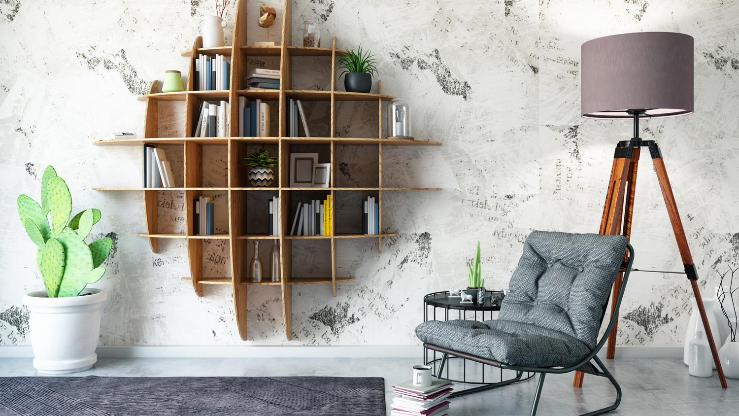 A statement bookshelf with a gray armchair next to it