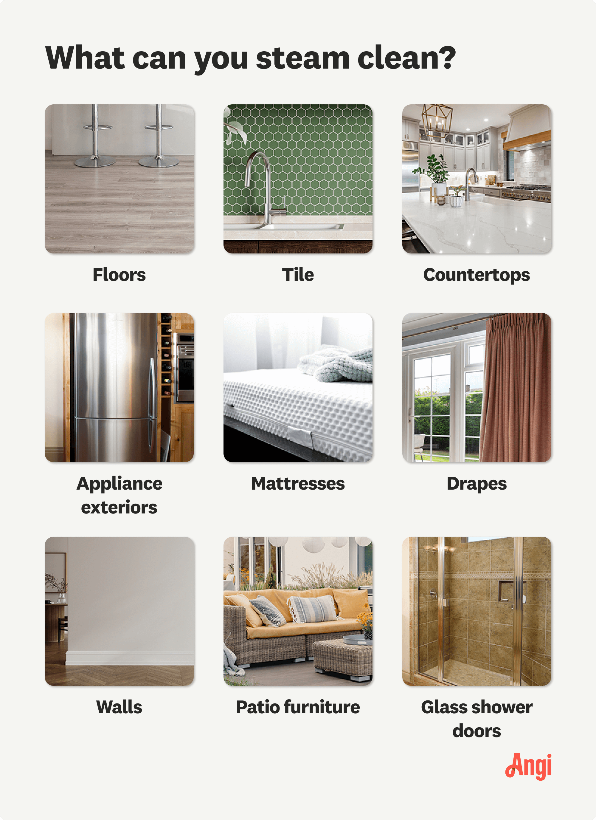 9 steam cleanable items compared visually, including floors, tile, drapes, and patio furniture