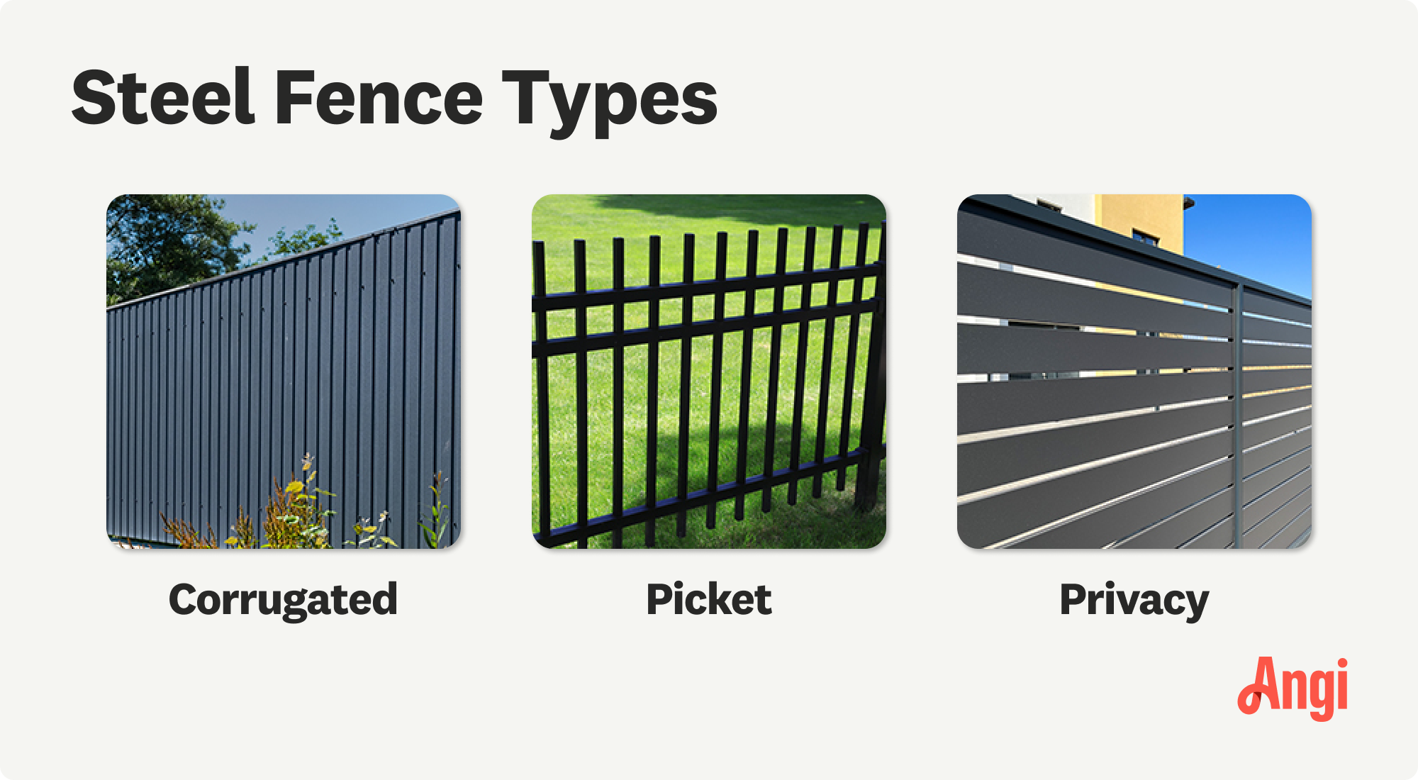 3 steel fence types compared visually, including corrugated, picket, and privacy