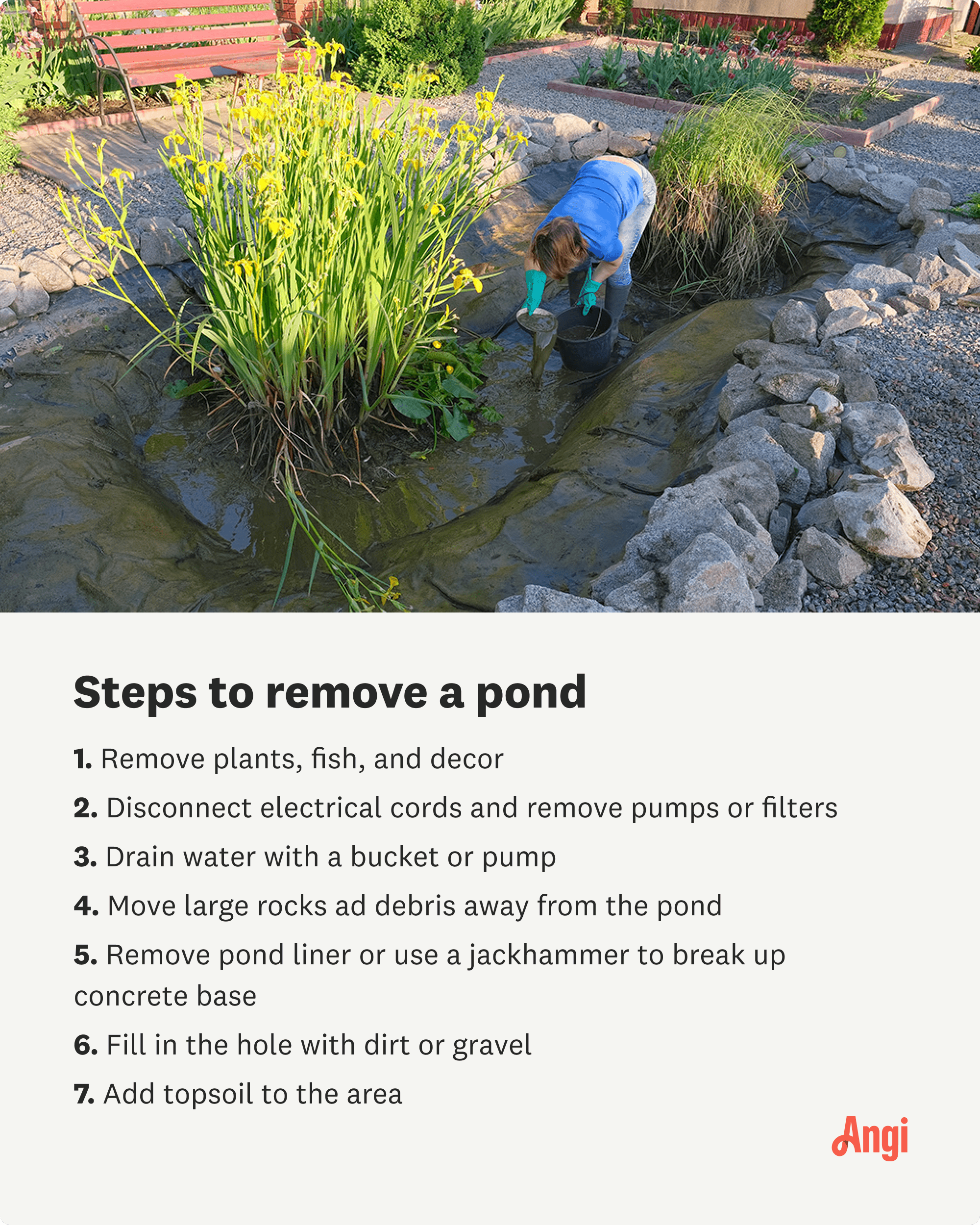 7 steps to remove a pond, including draining water with a bucket or pump