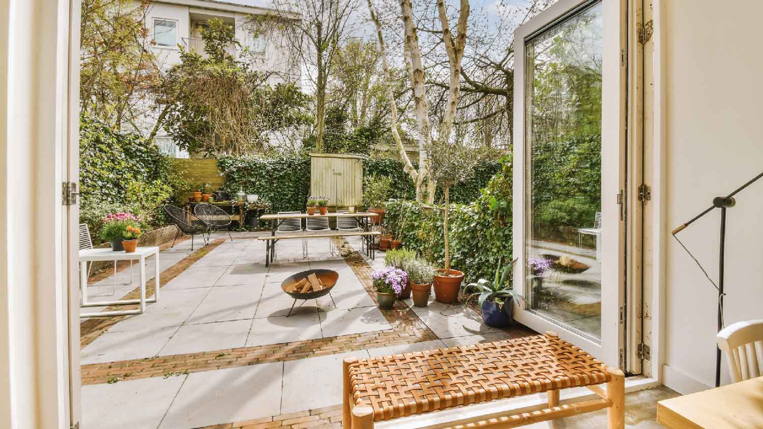 A stone backyard patio